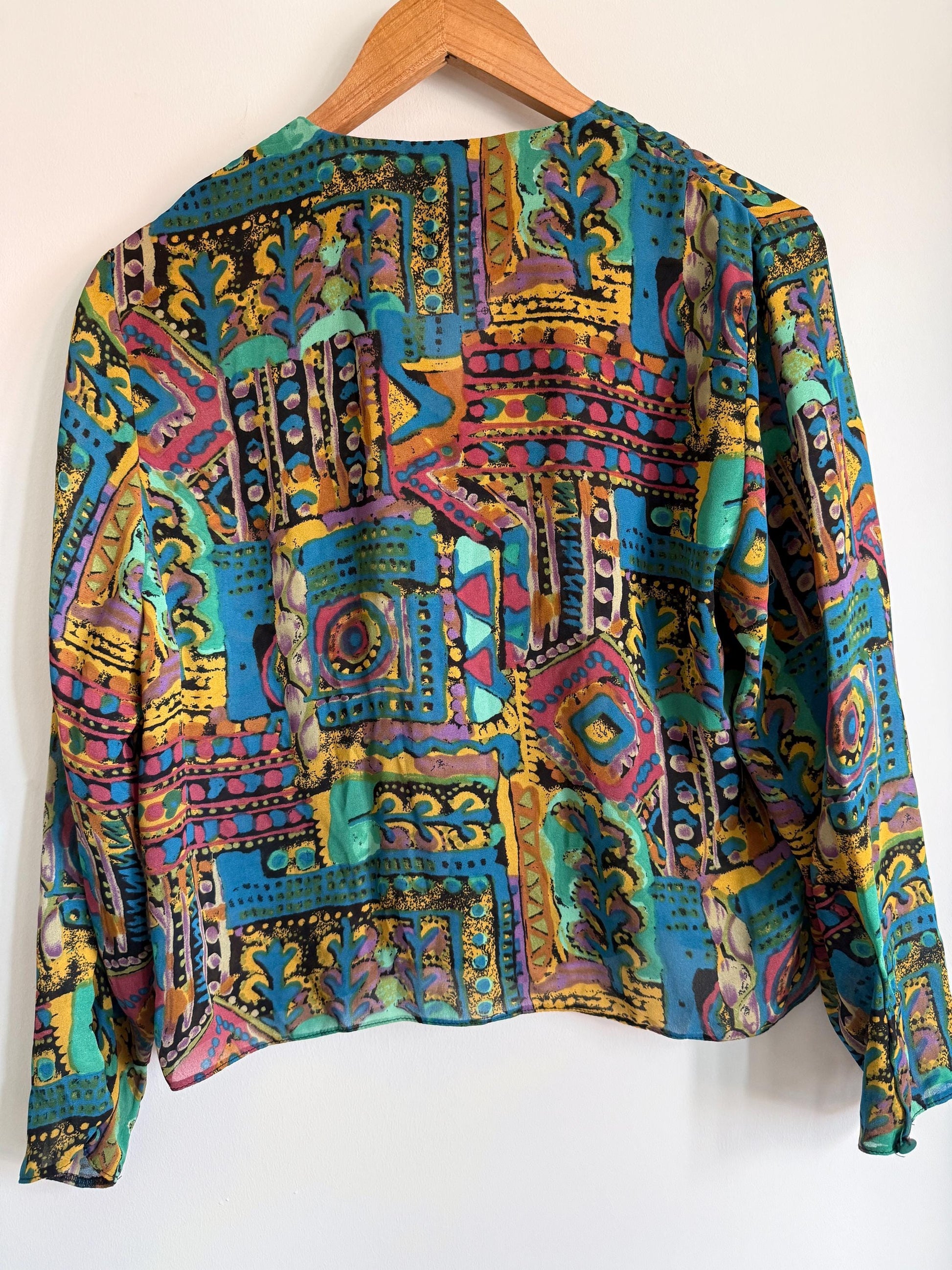 Vintage 90s Abstract Print Blouse | Colourful Geometric Shirt | Cropped Button Up Top | Teal Purple Festival Vintage Blouse