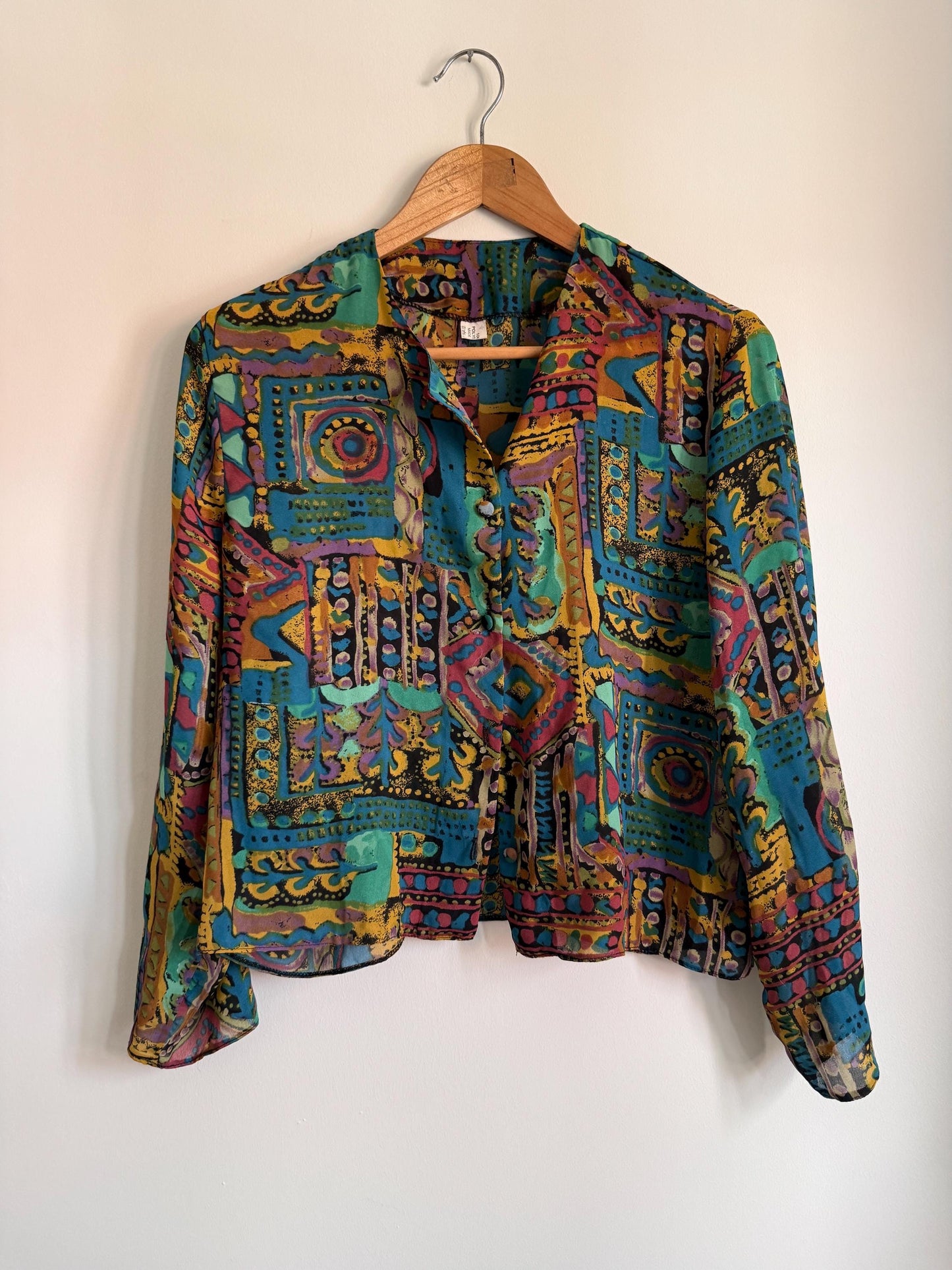 Vintage 90s Abstract Print Blouse | Colourful Geometric Shirt | Cropped Button Up Top | Teal Purple Festival Vintage Blouse