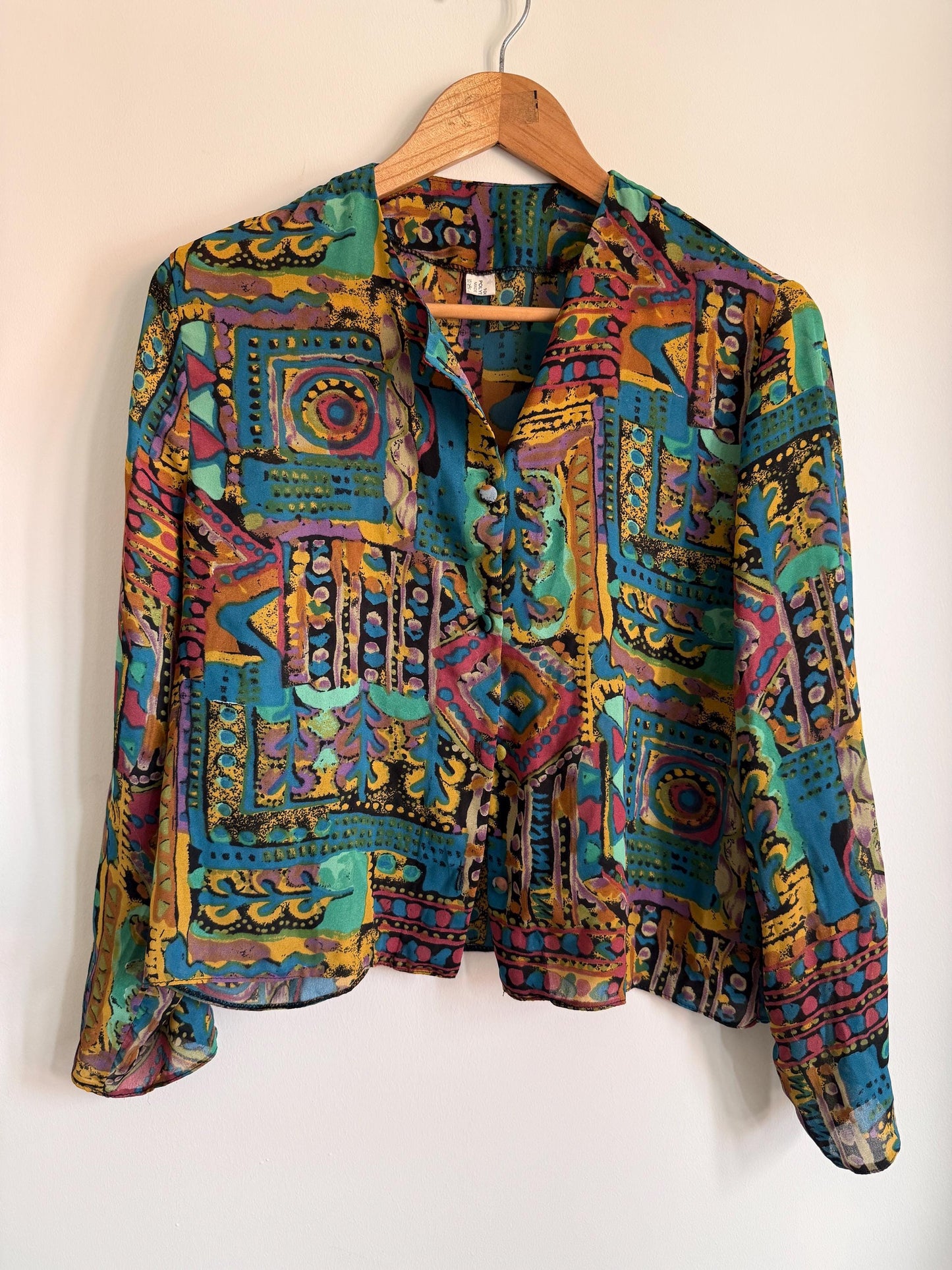 Vintage 90s Abstract Print Blouse | Colourful Geometric Shirt | Cropped Button Up Top | Teal Purple Festival Vintage Blouse