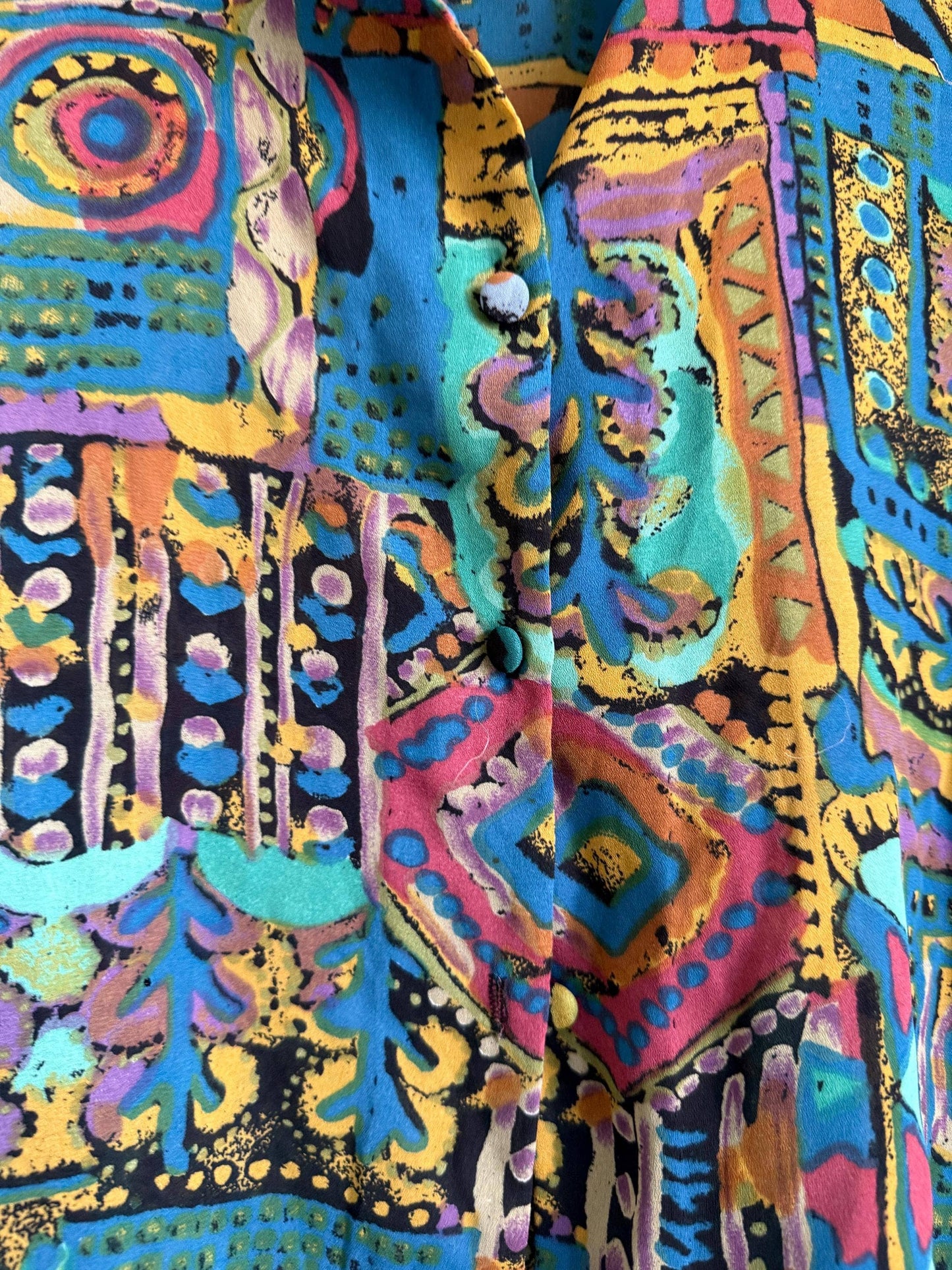 Vintage 90s Abstract Print Blouse | Colourful Geometric Shirt | Cropped Button Up Top | Teal Purple Festival Vintage Blouse