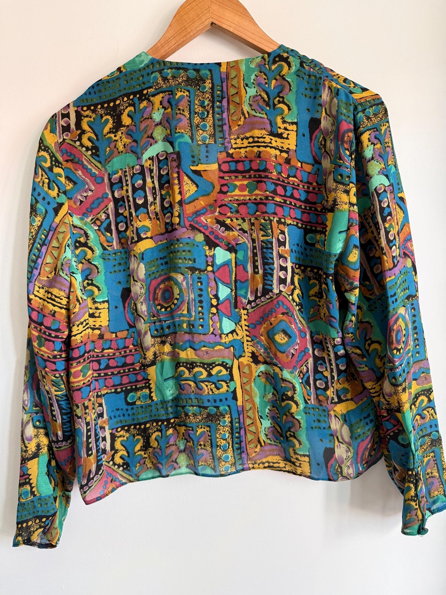 Vintage 90s Abstract Print Blouse | Colourful Geometric Shirt | Cropped Button Up Top | Teal Purple Festival Vintage Blouse