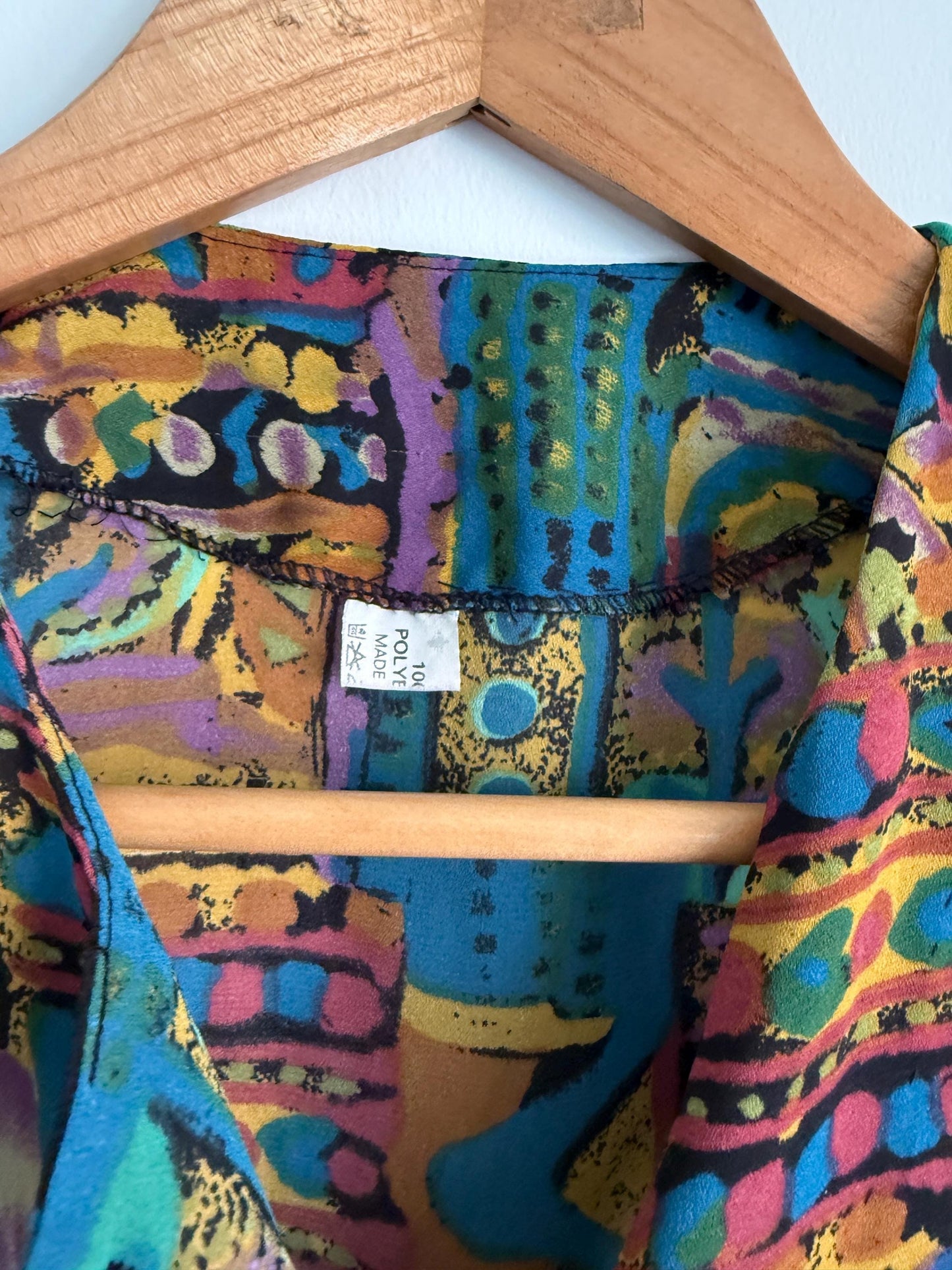 Vintage 90s Abstract Print Blouse | Colourful Geometric Shirt | Cropped Button Up Top | Teal Purple Festival Vintage Blouse