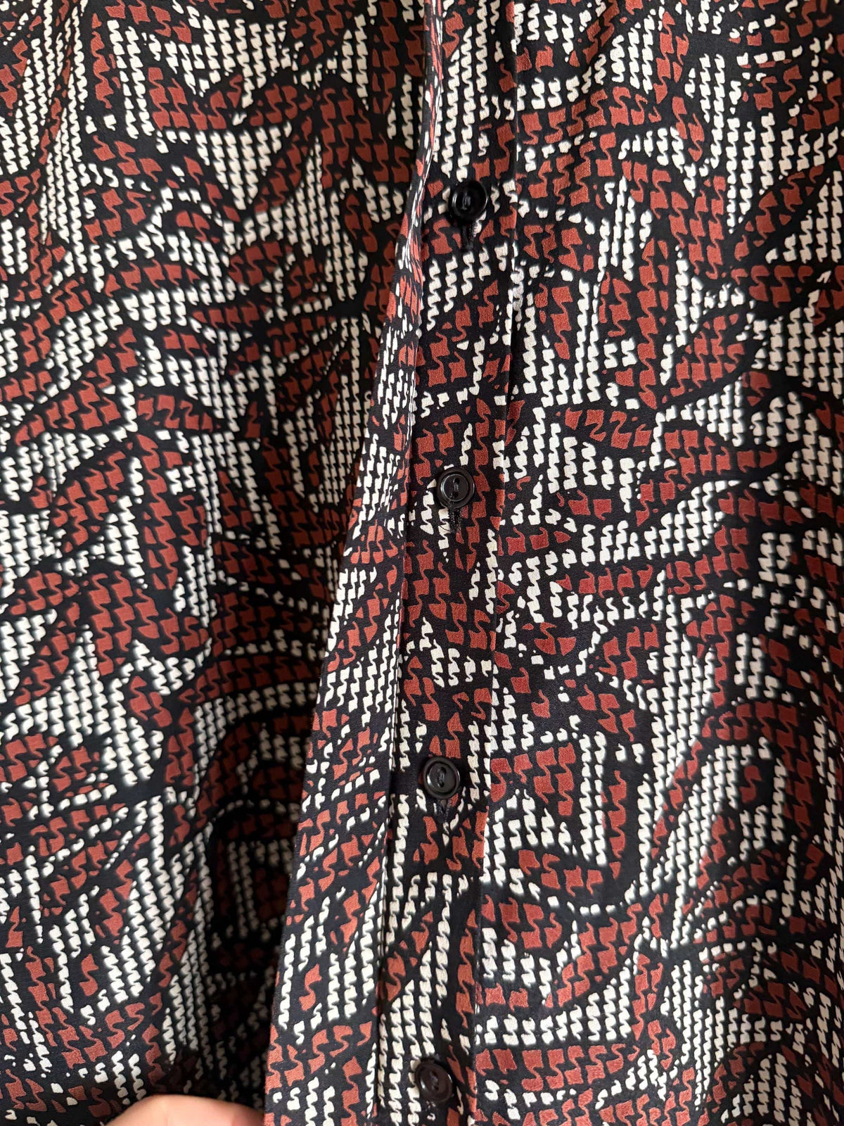Vintage 90s Abstract Print Blouse | Brown Black & Ivory Geometric Shirt | Relaxed Button Up | Retro Patterned Women's Top