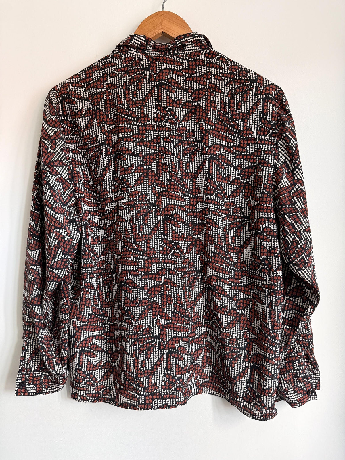 Vintage 90s Abstract Print Blouse | Brown Black & Ivory Geometric Shirt | Relaxed Button Up | Retro Patterned Women's Top