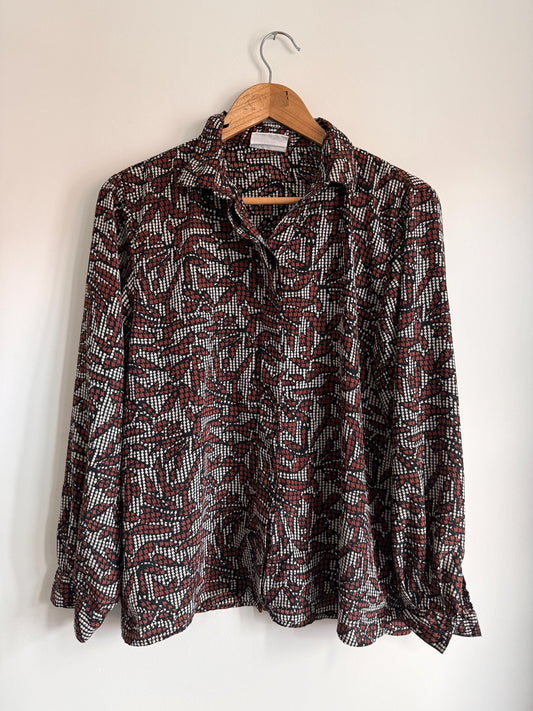 Vintage 90s Abstract Print Blouse | Brown Black & Ivory Geometric Shirt | Relaxed Button Up | Retro Patterned Women's Top