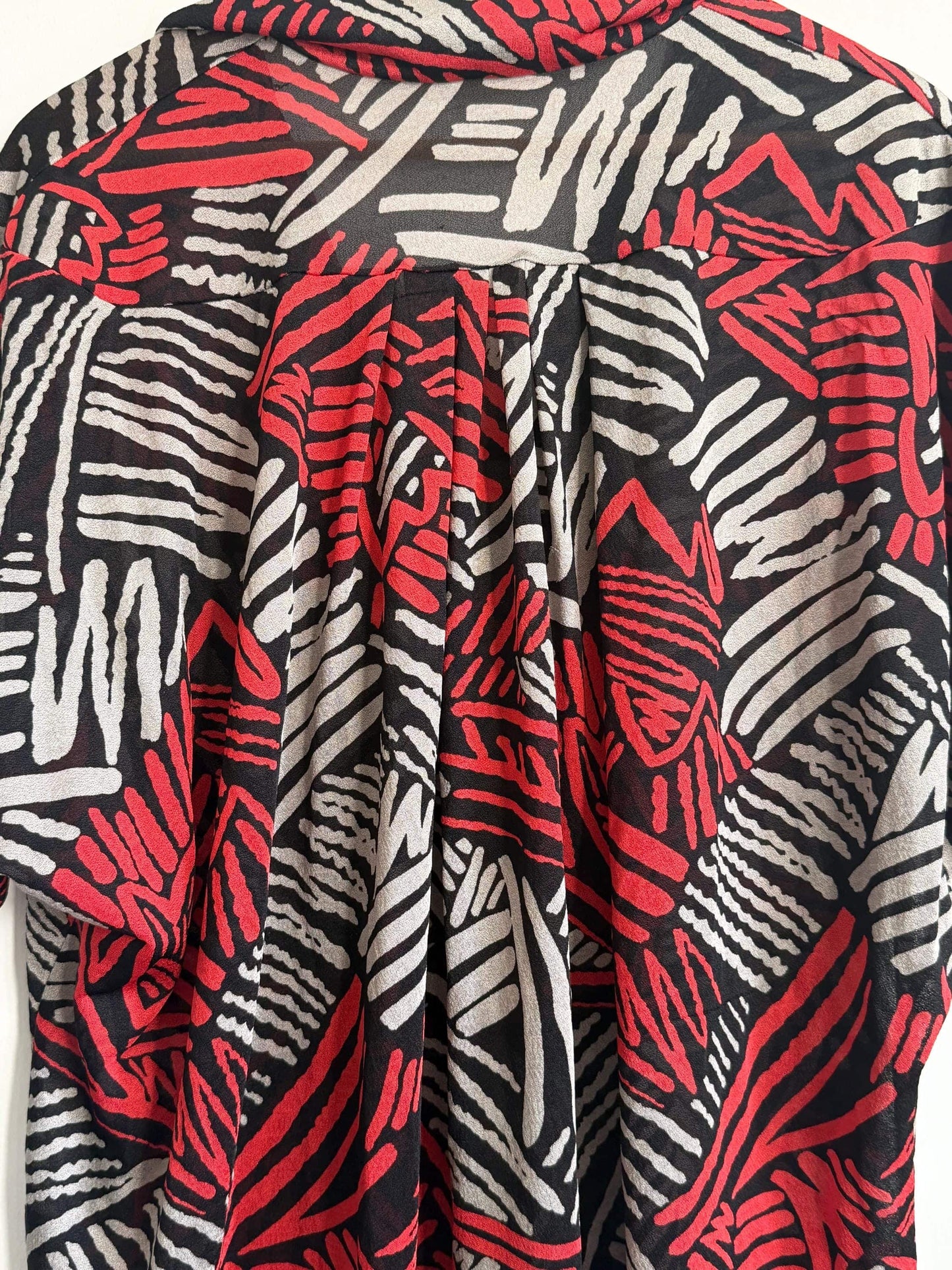 Vintage 90s Abstract Print Oversized Blouse UK 18-22 | Red Black Grey Crinkle Shirt | Relaxed Button Front Top | Retro Summer Blouse