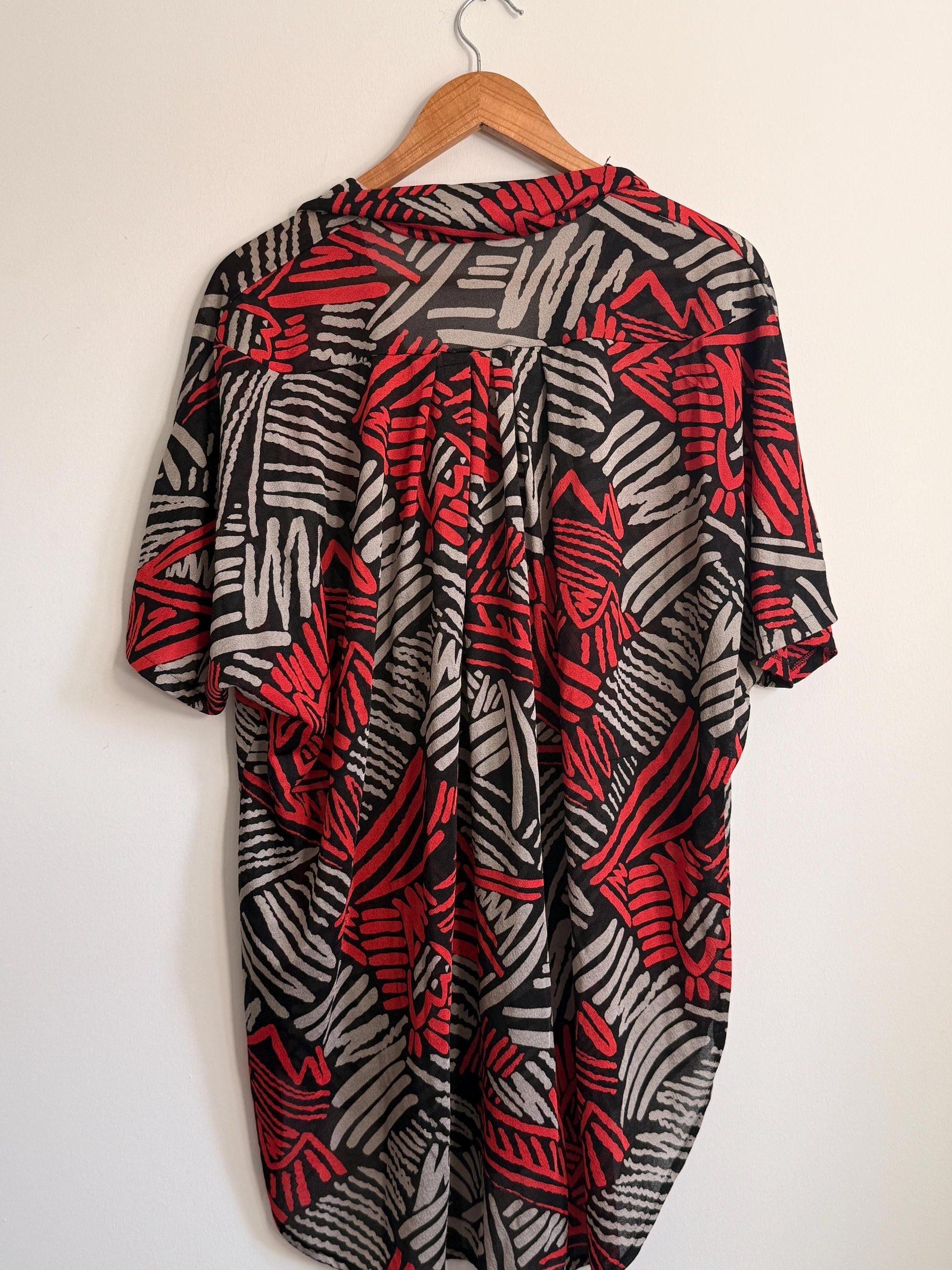 Vintage 90s Abstract Print Oversized Blouse UK 18-22 | Red Black Grey Crinkle Shirt | Relaxed Button Front Top | Retro Summer Blouse