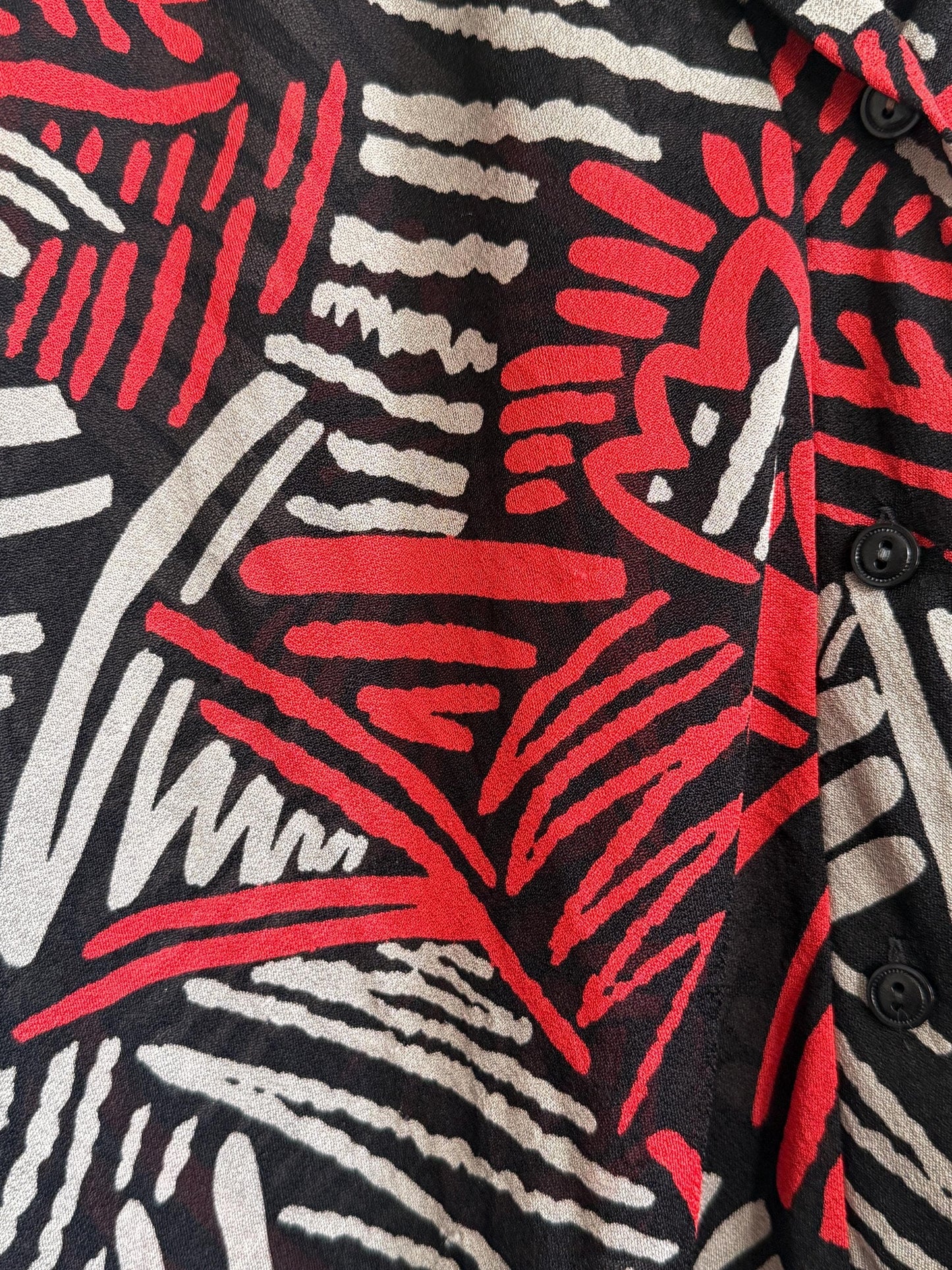 Vintage 90s Abstract Print Oversized Blouse UK 18-22 | Red Black Grey Crinkle Shirt | Relaxed Button Front Top | Retro Summer Blouse