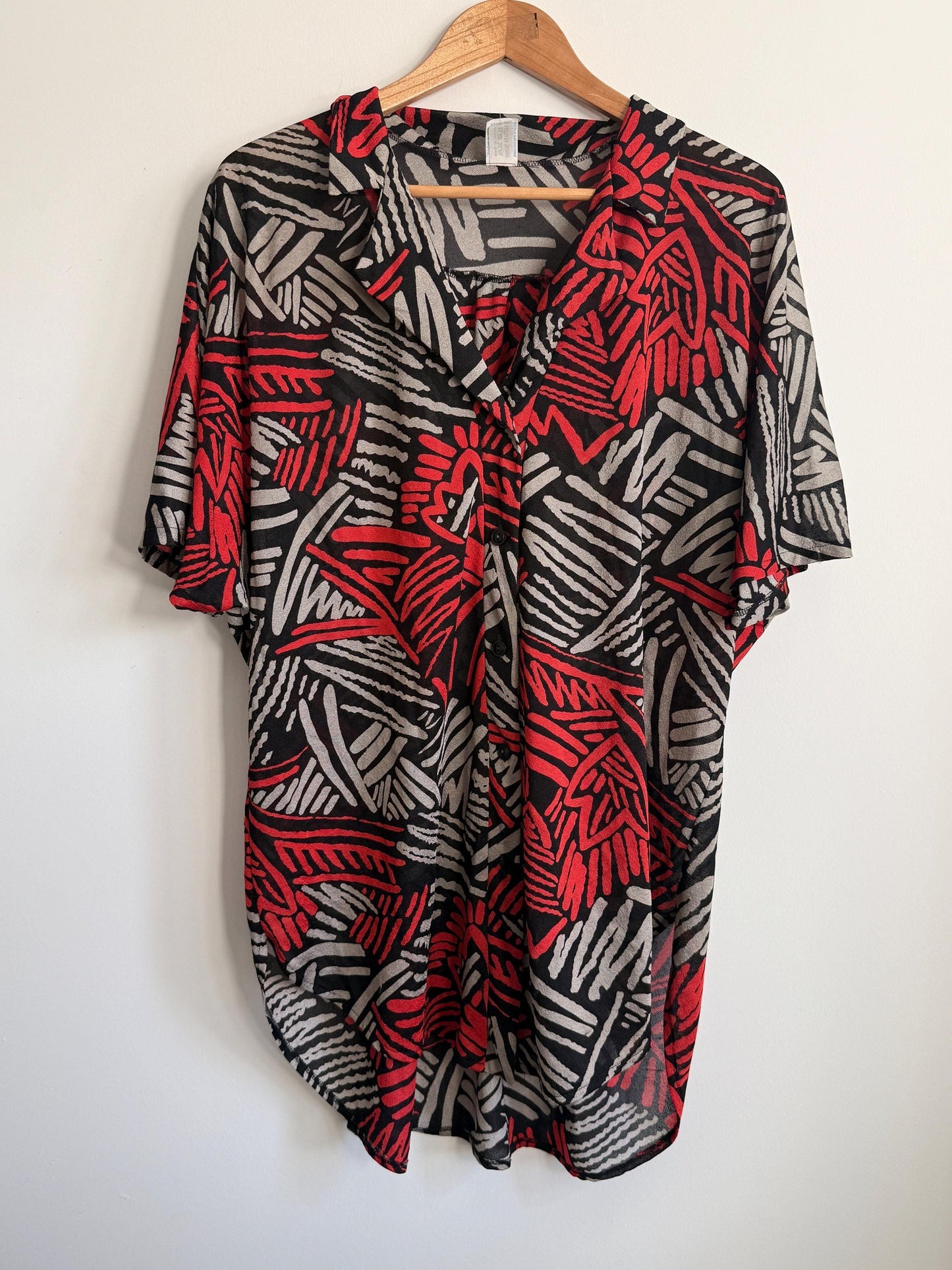 Vintage 90s Abstract Print Oversized Blouse UK 18-22 | Red Black Grey Crinkle Shirt | Relaxed Button Front Top | Retro Summer Blouse