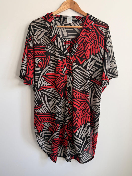 Vintage 90s Abstract Print Oversized Blouse UK 18-22 | Red Black Grey Crinkle Shirt | Relaxed Button Front Top | Retro Summer Blouse
