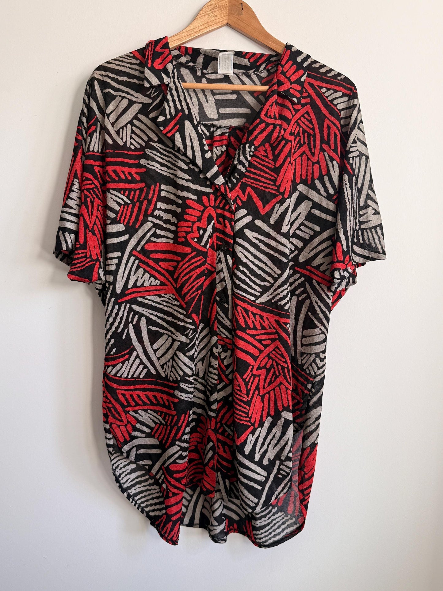 Vintage 90s Abstract Print Oversized Blouse UK 18-22 | Red Black Grey Crinkle Shirt | Relaxed Button Front Top | Retro Summer Blouse