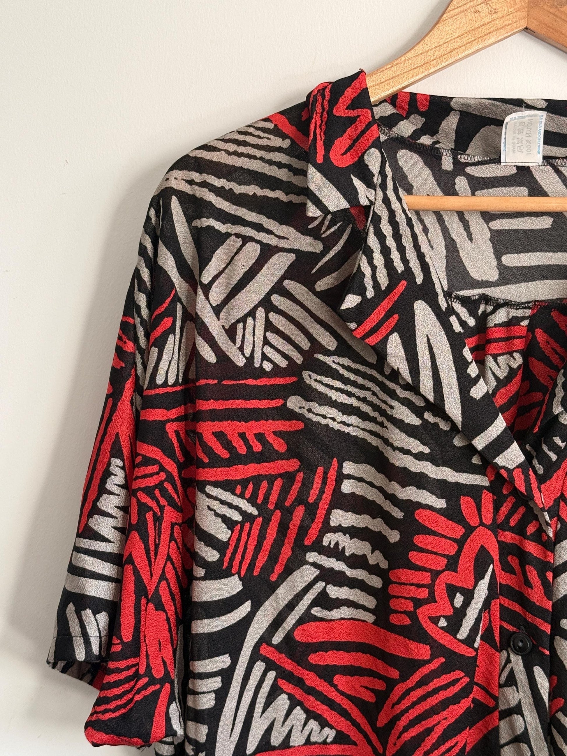 Vintage 90s Abstract Print Oversized Blouse UK 18-22 | Red Black Grey Crinkle Shirt | Relaxed Button Front Top | Retro Summer Blouse