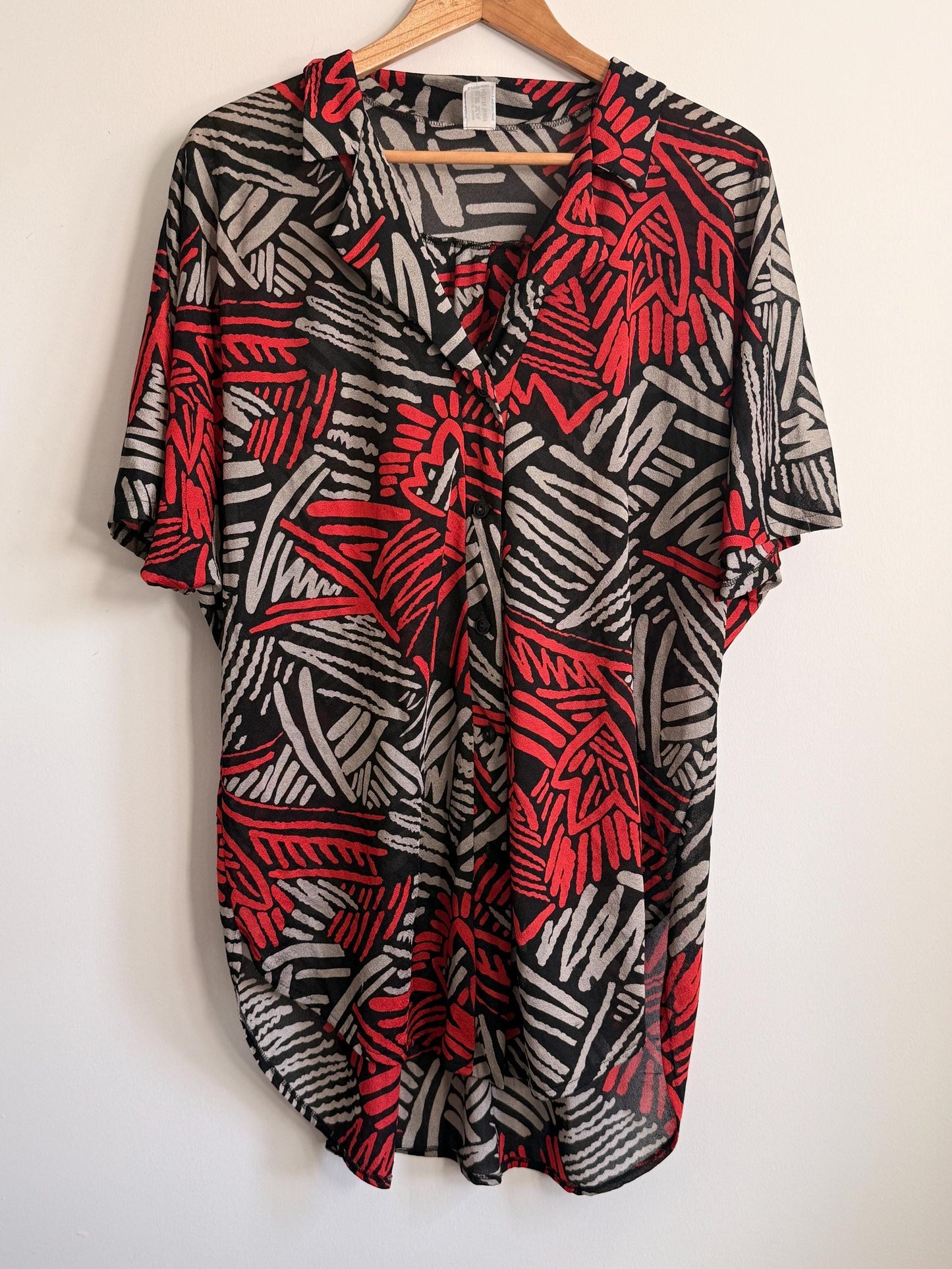 Vintage 90s Abstract Print Oversized Blouse UK 18-22 | Red Black Grey Crinkle Shirt | Relaxed Button Front Top | Retro Summer Blouse