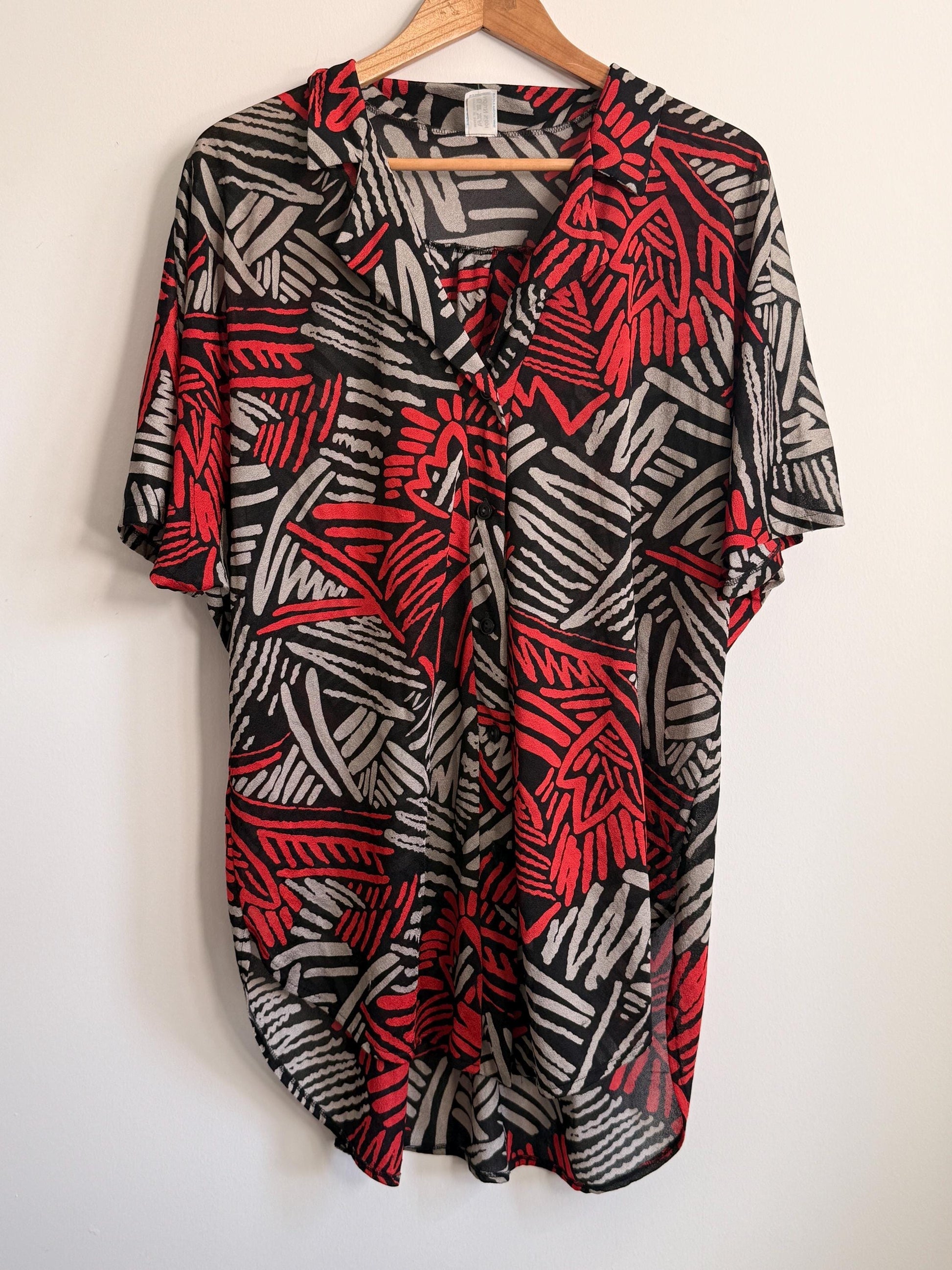 Vintage 90s Abstract Print Oversized Blouse UK 18-22 | Red Black Grey Crinkle Shirt | Relaxed Button Front Top | Retro Summer Blouse