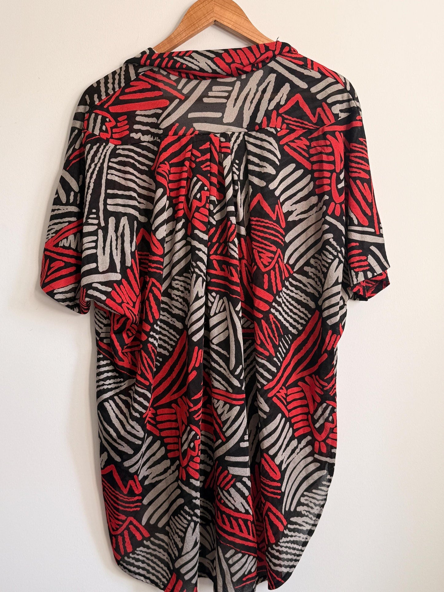 Vintage 90s Abstract Print Oversized Blouse UK 18-22 | Red Black Grey Crinkle Shirt | Relaxed Button Front Top | Retro Summer Blouse