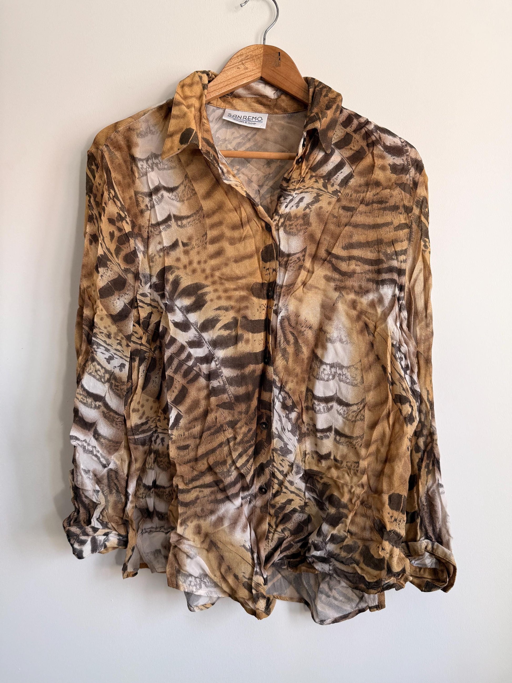 Vintage 90s Animal Print Blouse | Safari Print Shirt, Leopard Zebra Tiger Print Top, Sheer Button Up Blouse, Oversized Neutral Women's Shirt