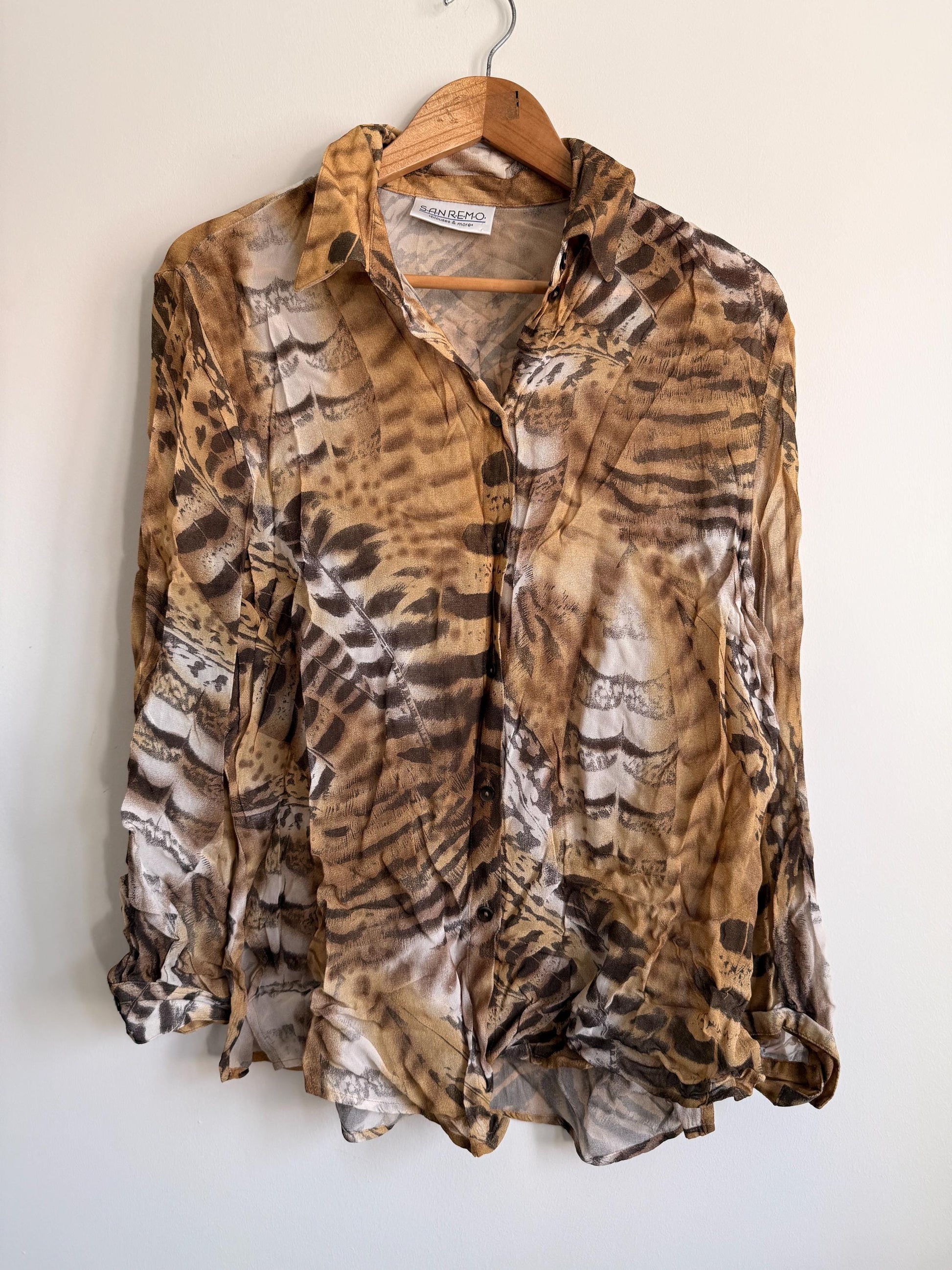 Vintage 90s Animal Print Blouse | Safari Print Shirt, Leopard Zebra Tiger Print Top, Sheer Button Up Blouse, Oversized Neutral Women's Shirt