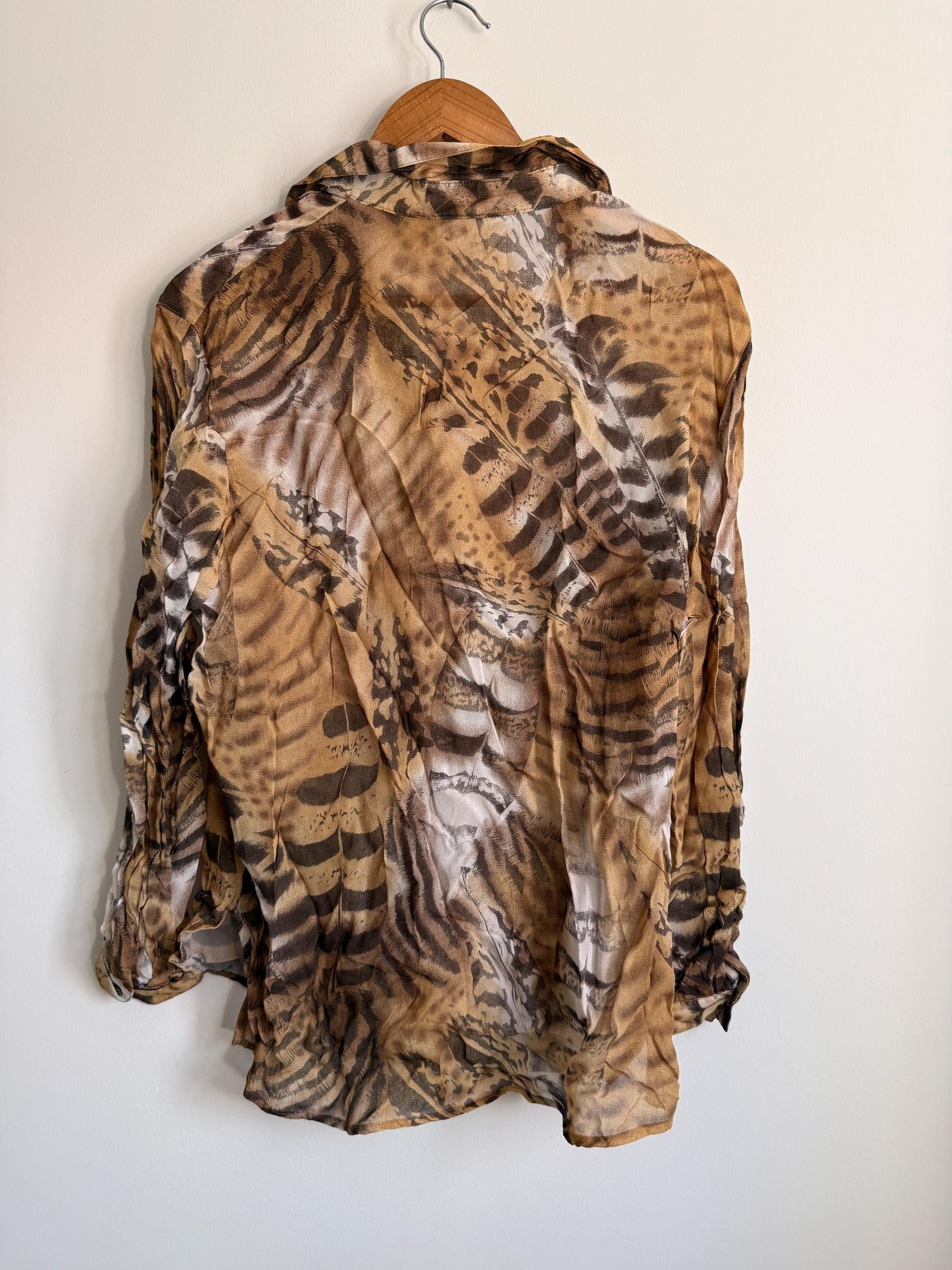 Vintage 90s Animal Print Blouse | Safari Print Shirt, Leopard Zebra Tiger Print Top, Sheer Button Up Blouse, Oversized Neutral Women's Shirt