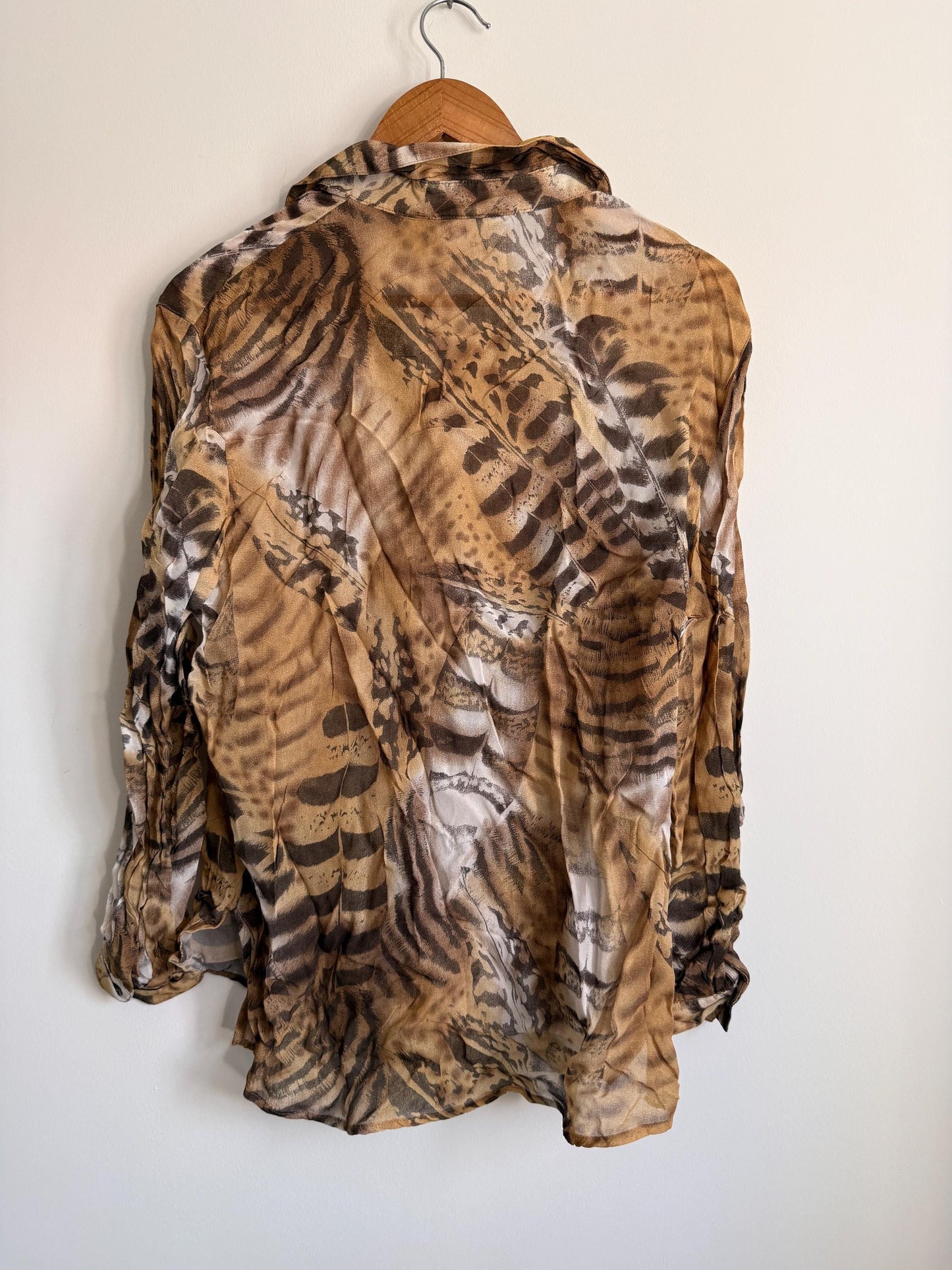 Vintage 90s Animal Print Blouse | Safari Print Shirt, Leopard Zebra Tiger Print Top, Sheer Button Up Blouse, Oversized Neutral Women's Shirt