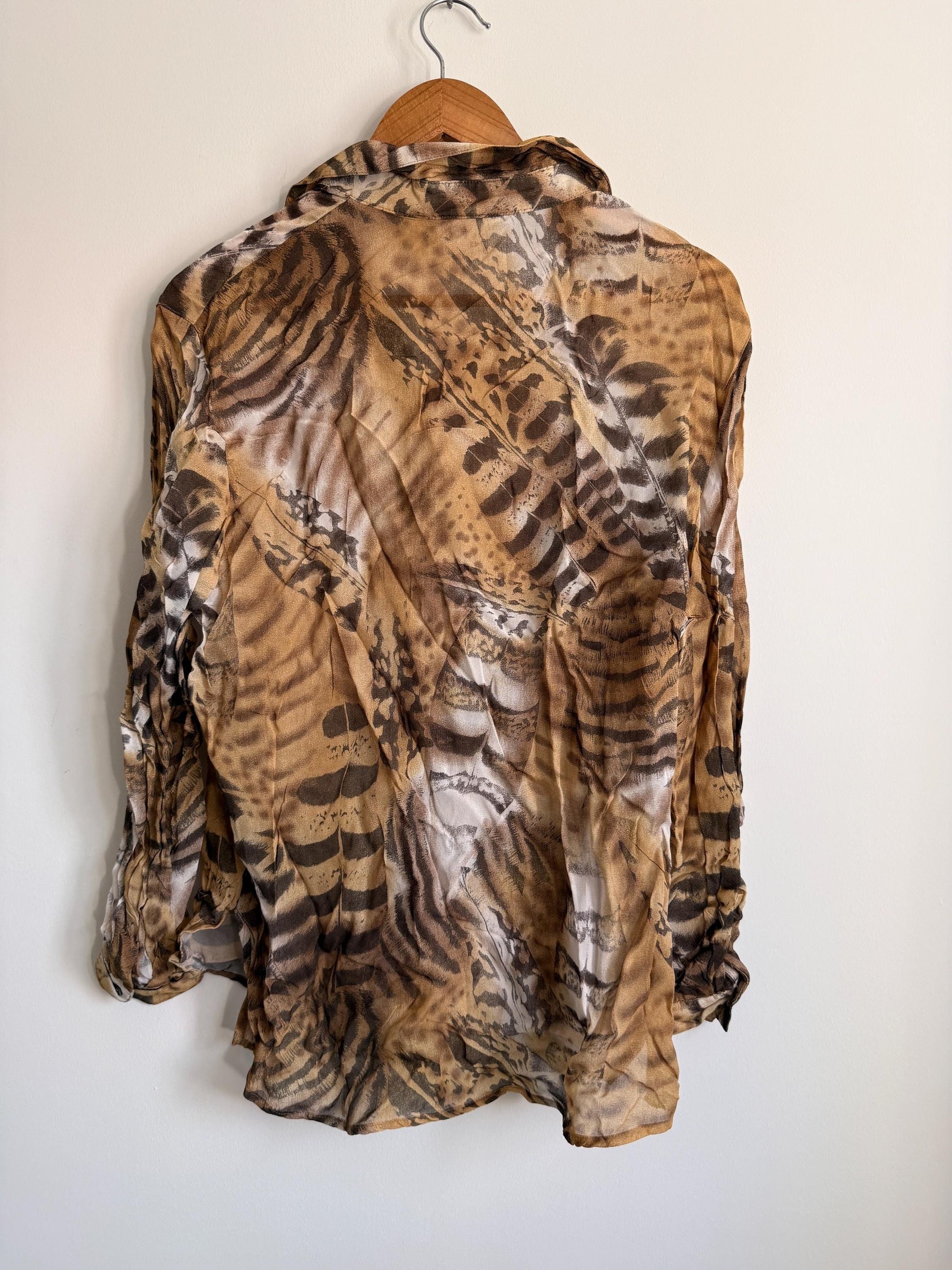 Vintage 90s Animal Print Blouse | Safari Print Shirt, Leopard Zebra Tiger Print Top, Sheer Button Up Blouse, Oversized Neutral Women's Shirt