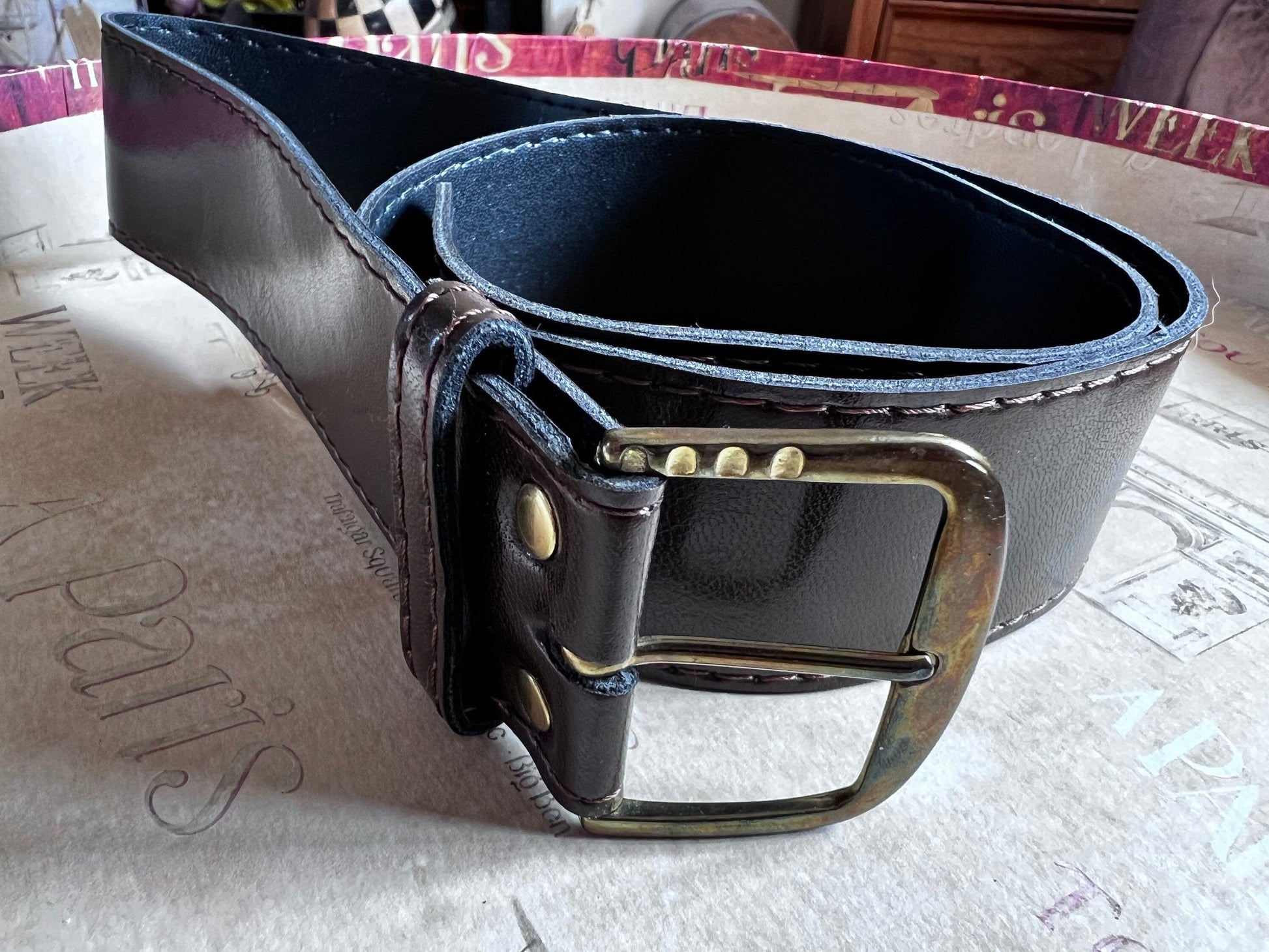 Vintage 90s Brown 1.5inch belt inch wide Belt - brown shiny belt 1990s Gold Bronze Fit 32”-34”