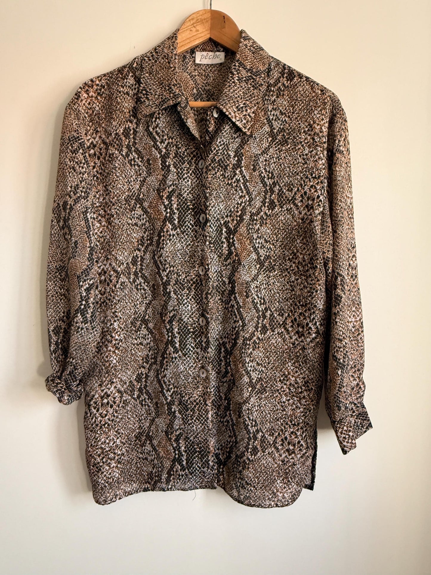 Vintage 90s Snakeskin Print Blouse UK 12 | Brown Animal Print Shirt | Lightweight Button Up Blouse | Y2K Neutral Top | Safari Chic