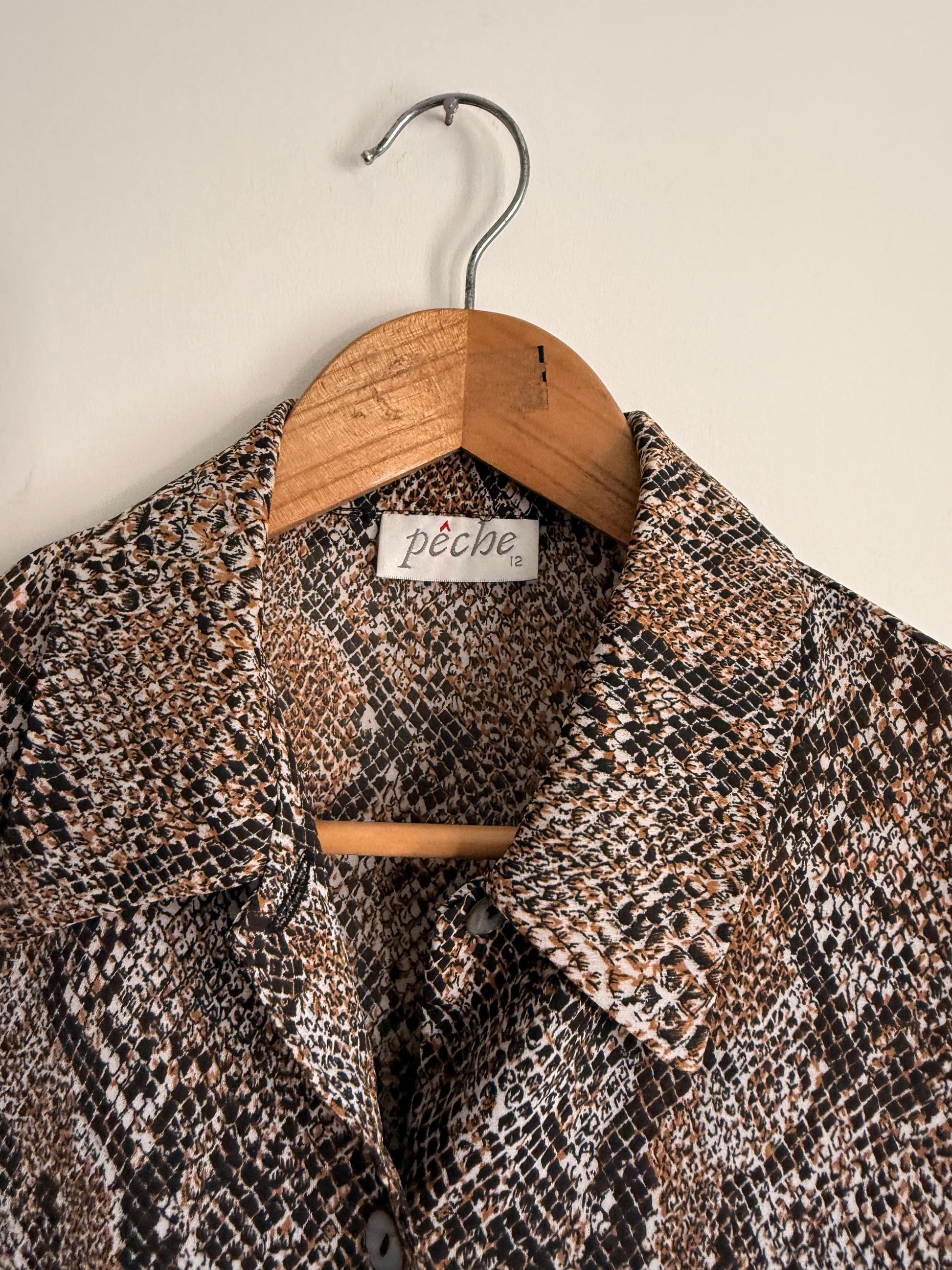 Vintage 90s Snakeskin Print Blouse UK 12 | Brown Animal Print Shirt | Lightweight Button Up Blouse | Y2K Neutral Top | Safari Chic