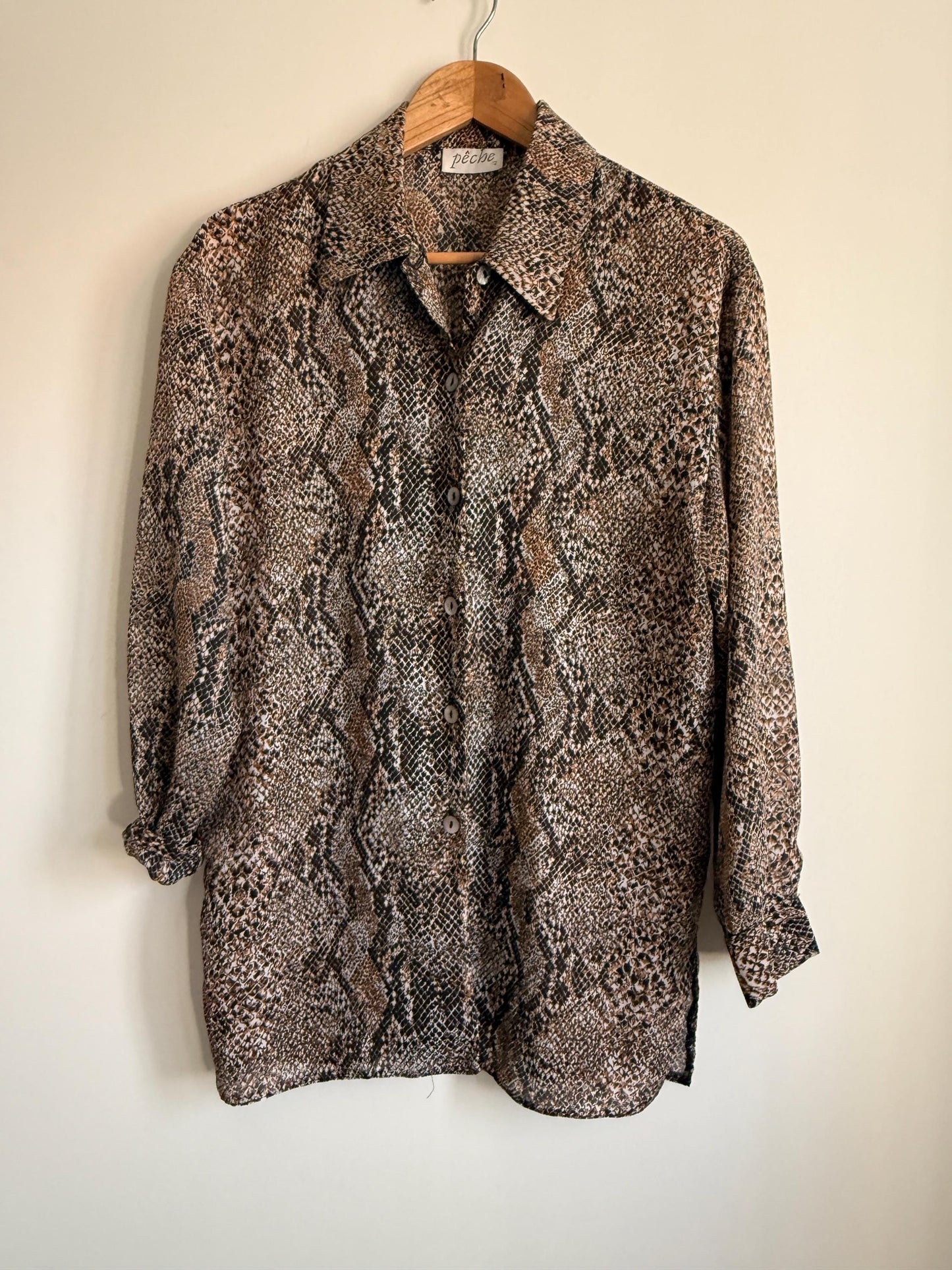 Vintage 90s Snakeskin Print Blouse UK 12 | Brown Animal Print Shirt | Lightweight Button Up Blouse | Y2K Neutral Top | Safari Chic