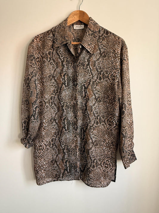 Vintage 90s Snakeskin Print Blouse UK 12 | Brown Animal Print Shirt | Lightweight Button Up Blouse | Y2K Neutral Top | Safari Chic