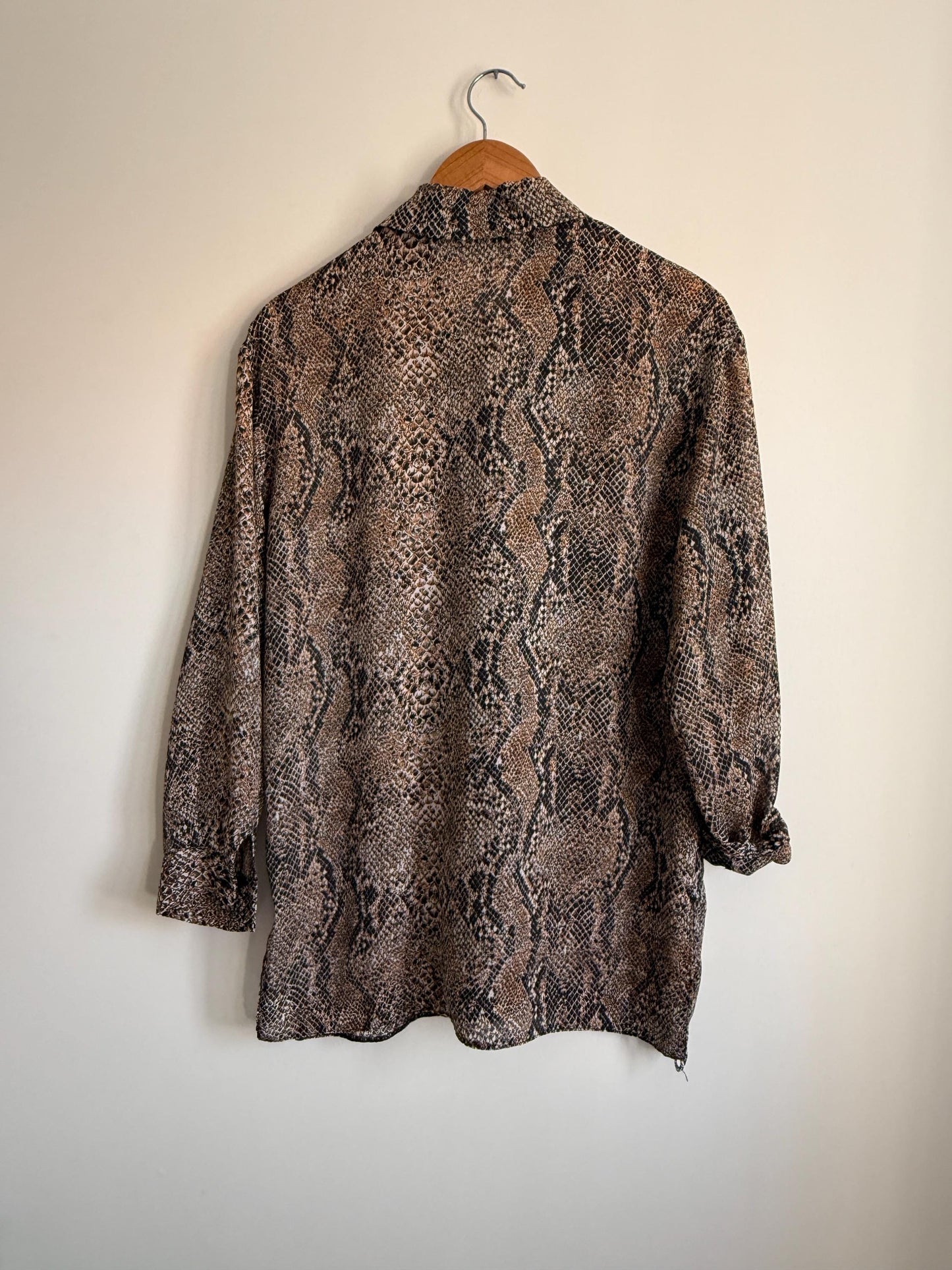 Vintage 90s Snakeskin Print Blouse UK 12 | Brown Animal Print Shirt | Lightweight Button Up Blouse | Y2K Neutral Top | Safari Chic