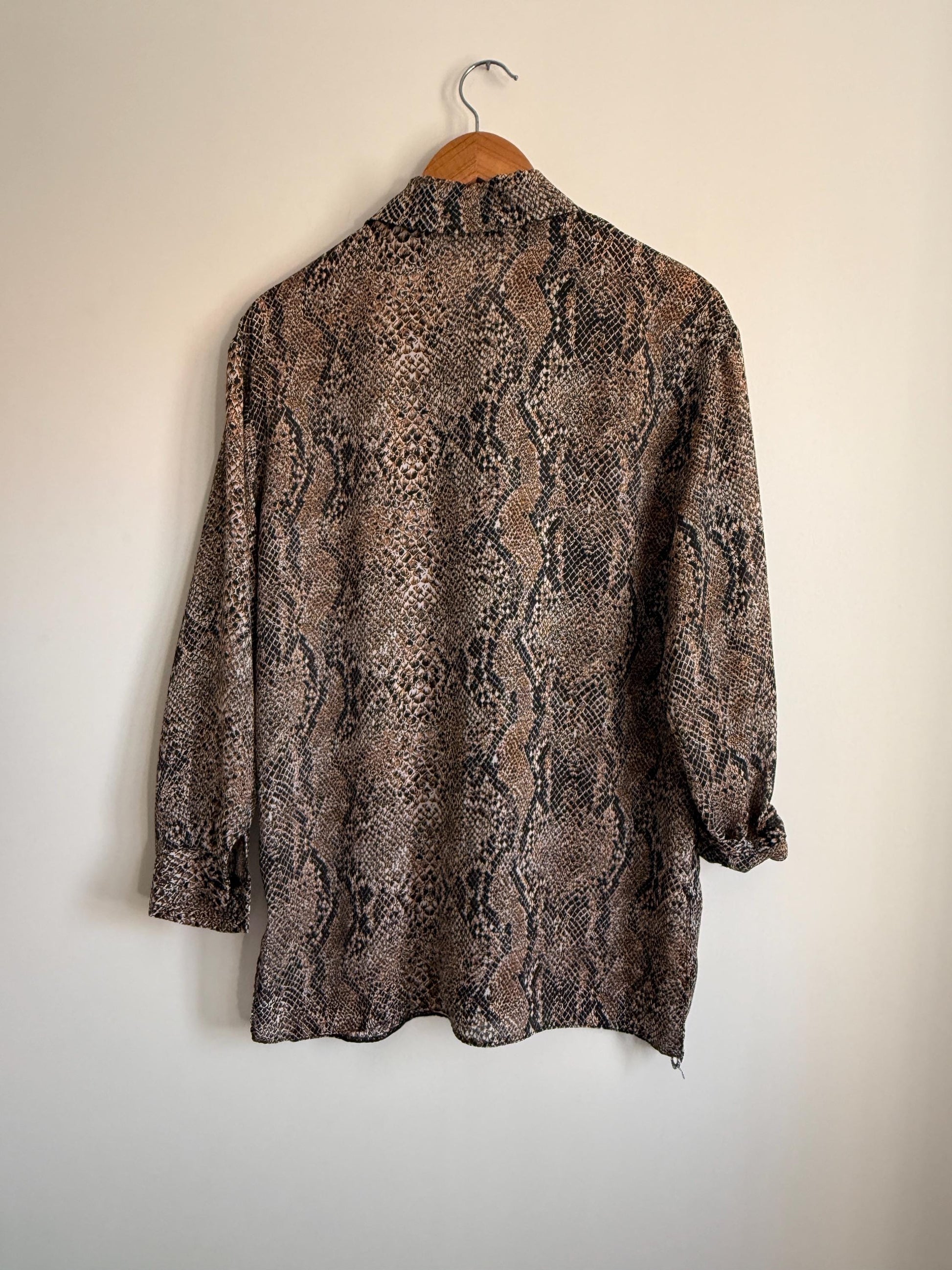 Vintage 90s Snakeskin Print Blouse UK 12 | Brown Animal Print Shirt | Lightweight Button Up Blouse | Y2K Neutral Top | Safari Chic