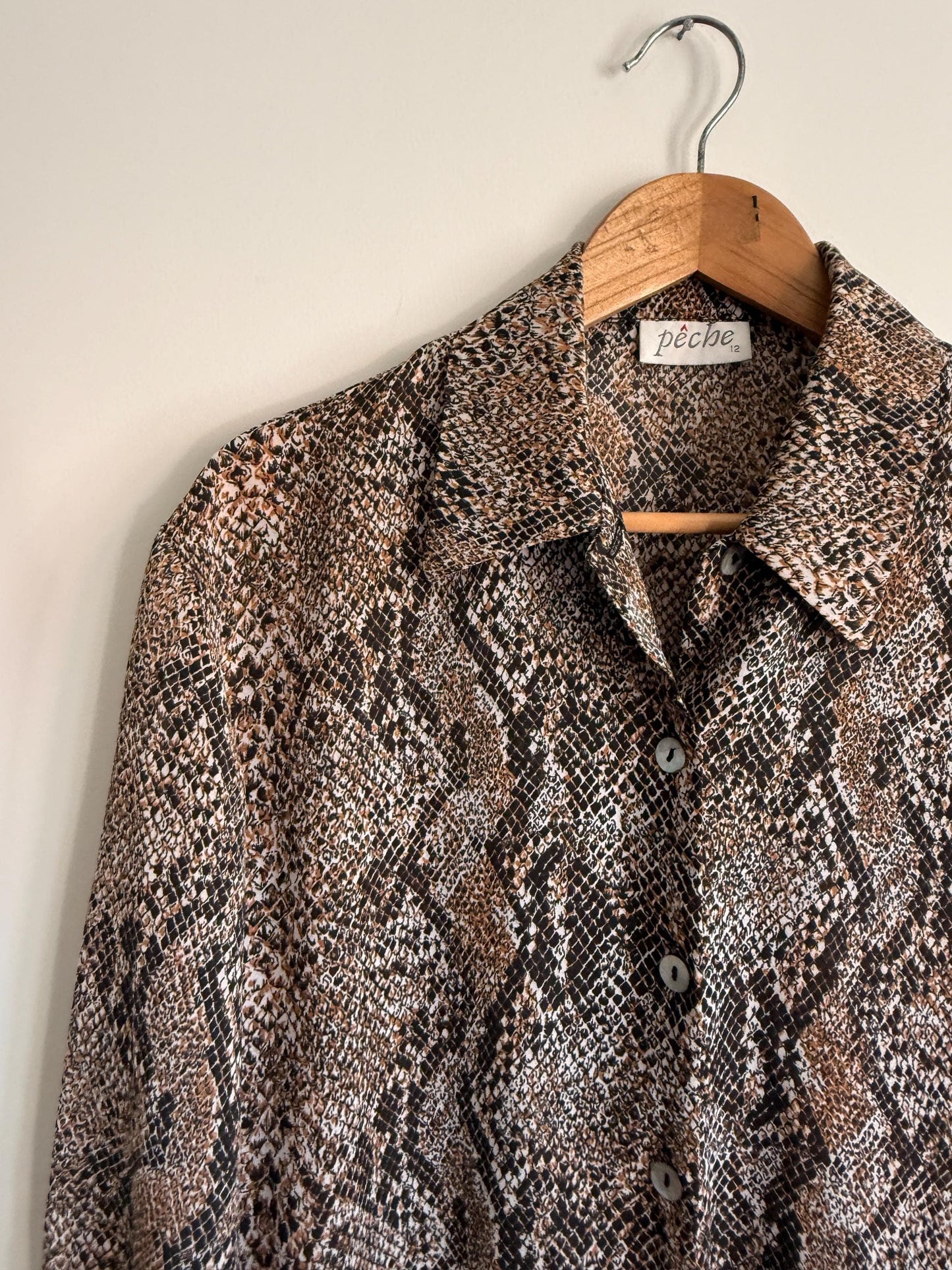 Vintage 90s Snakeskin Print Blouse UK 12 | Brown Animal Print Shirt | Lightweight Button Up Blouse | Y2K Neutral Top | Safari Chic