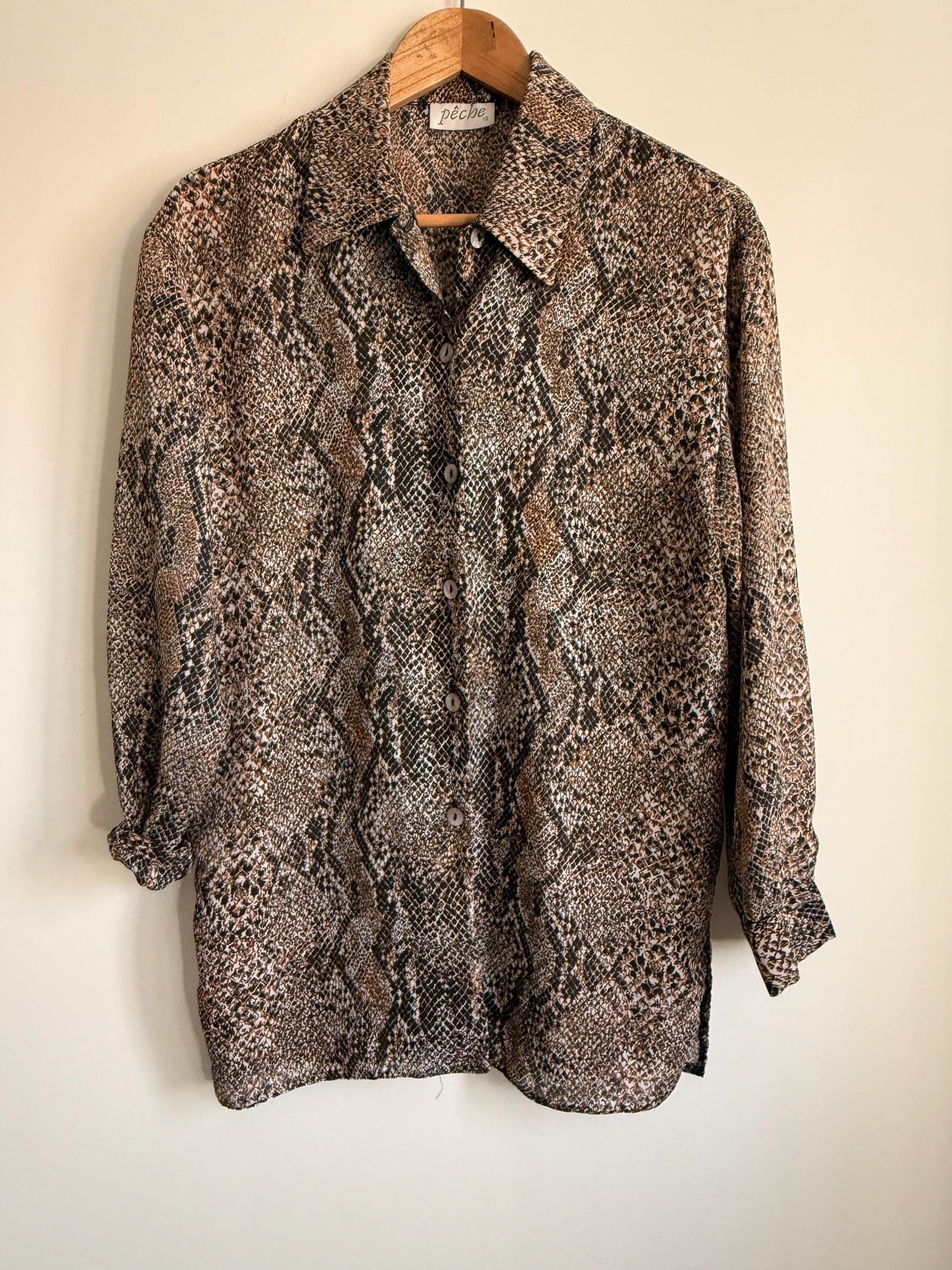 Vintage 90s Snakeskin Print Blouse UK 12 | Brown Animal Print Shirt | Lightweight Button Up Blouse | Y2K Neutral Top | Safari Chic