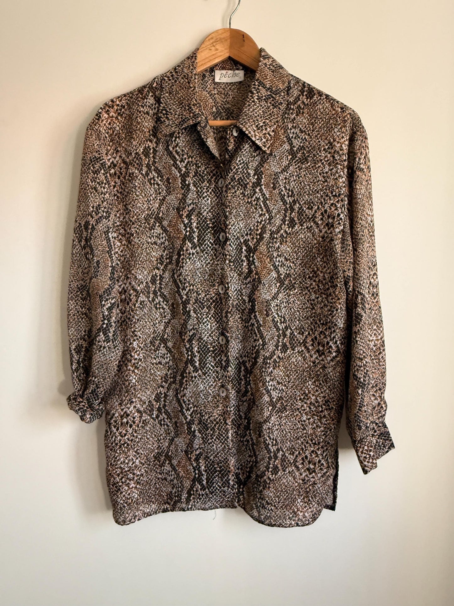 Vintage 90s Snakeskin Print Blouse UK 12 | Brown Animal Print Shirt | Lightweight Button Up Blouse | Y2K Neutral Top | Safari Chic