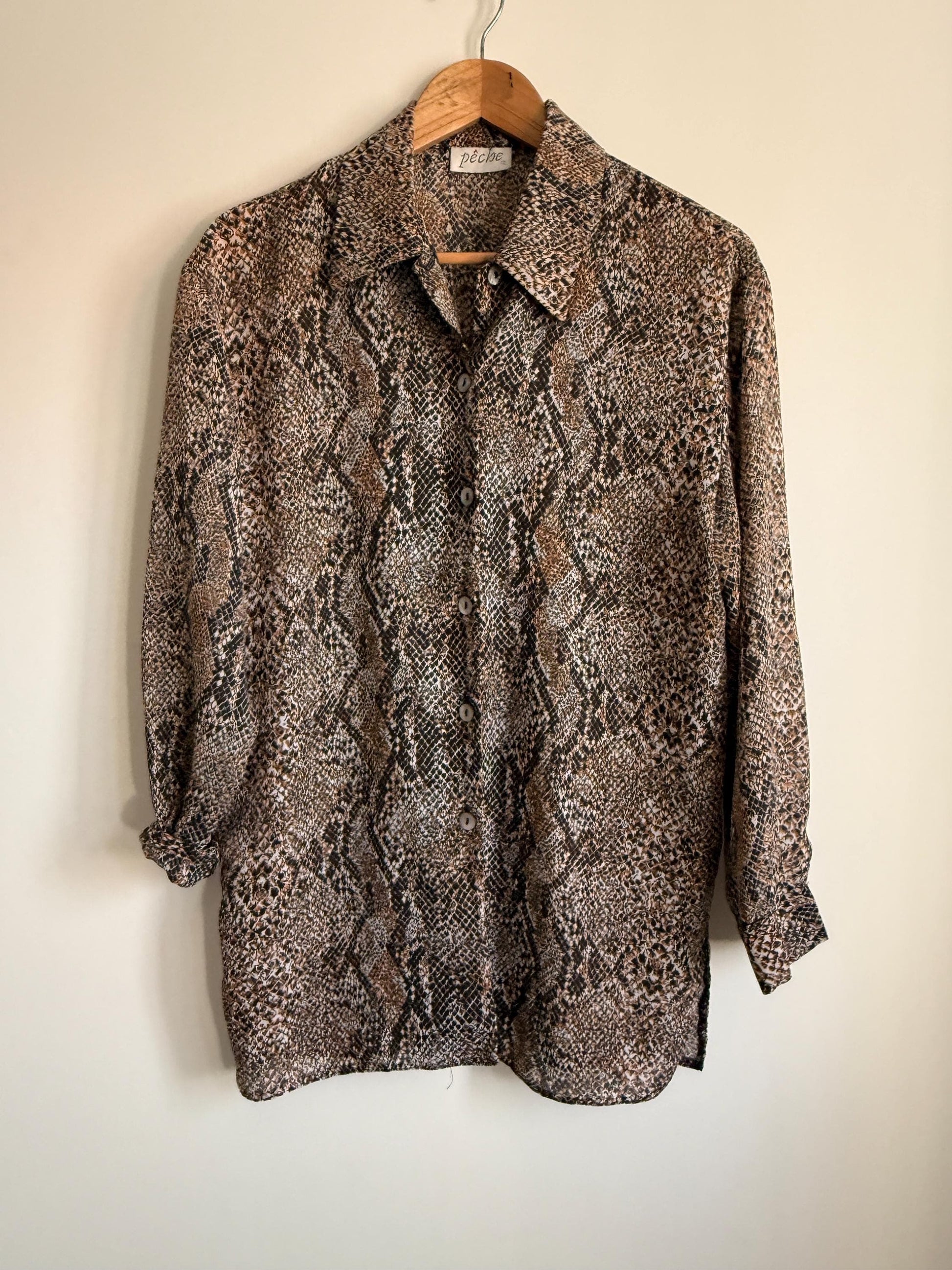 Vintage 90s Snakeskin Print Blouse UK 12 | Brown Animal Print Shirt | Lightweight Button Up Blouse | Y2K Neutral Top | Safari Chic