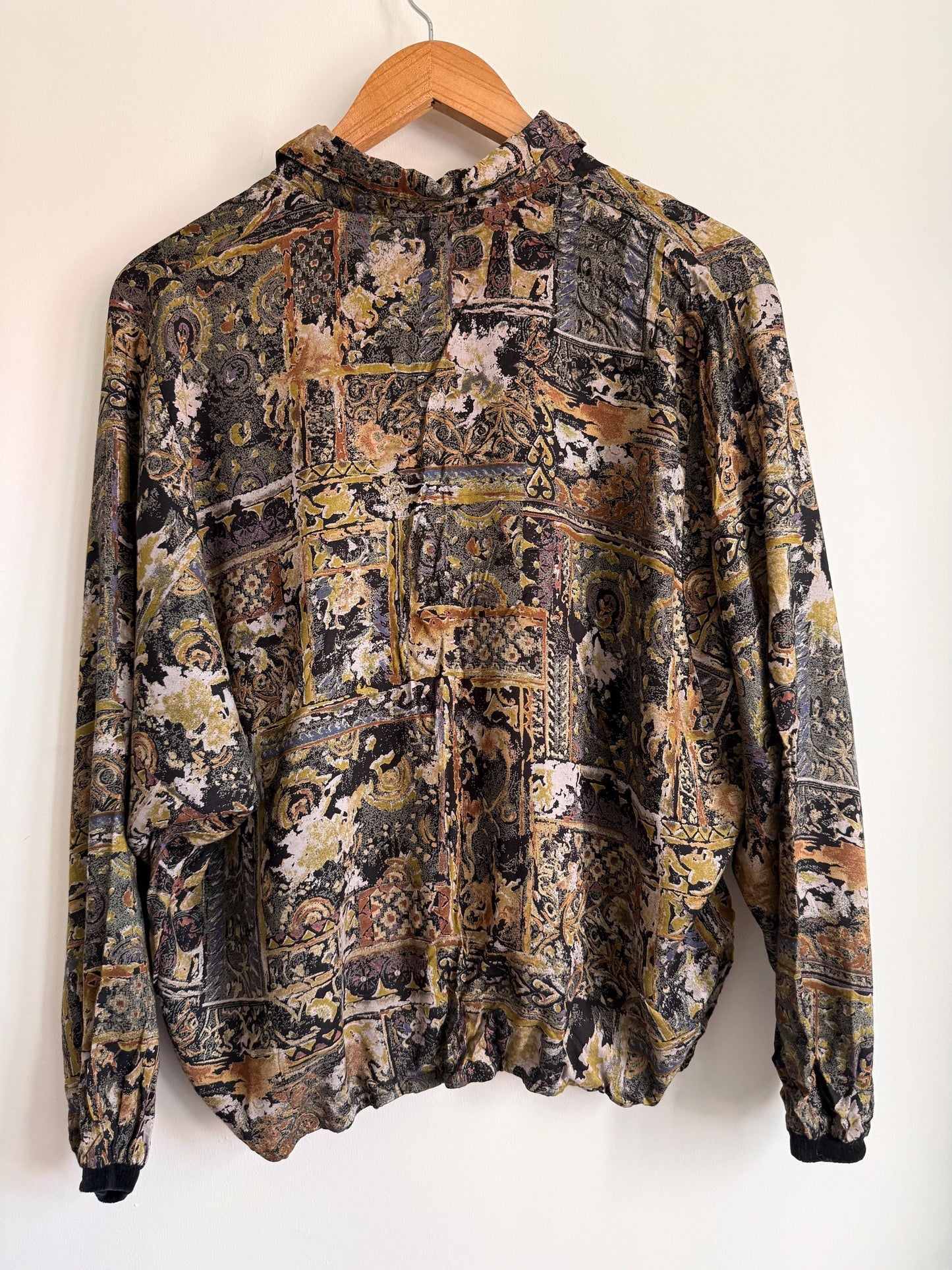 Vintage 90s Tapestry Print Blouson Jacket | Paisley Bomber Blouse | Abstract Baroque Shirt