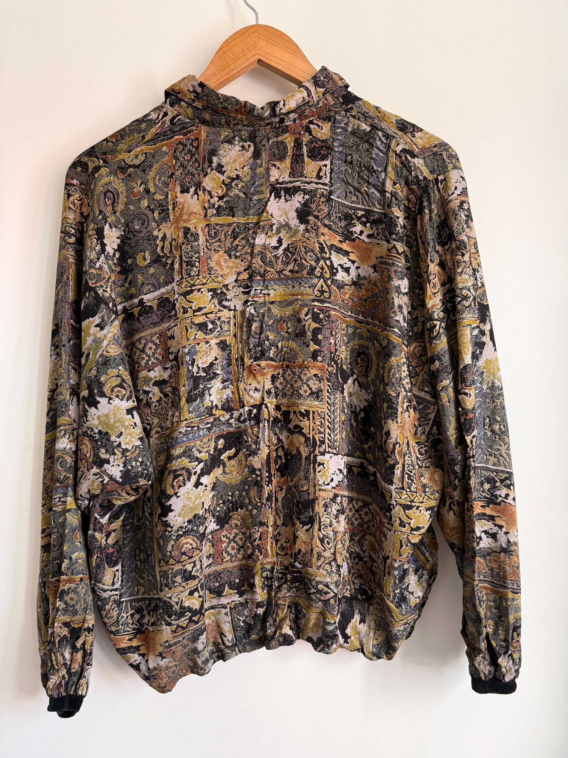 Vintage 90s Tapestry Print Blouson Jacket | Paisley Bomber Blouse | Abstract Baroque Shirt