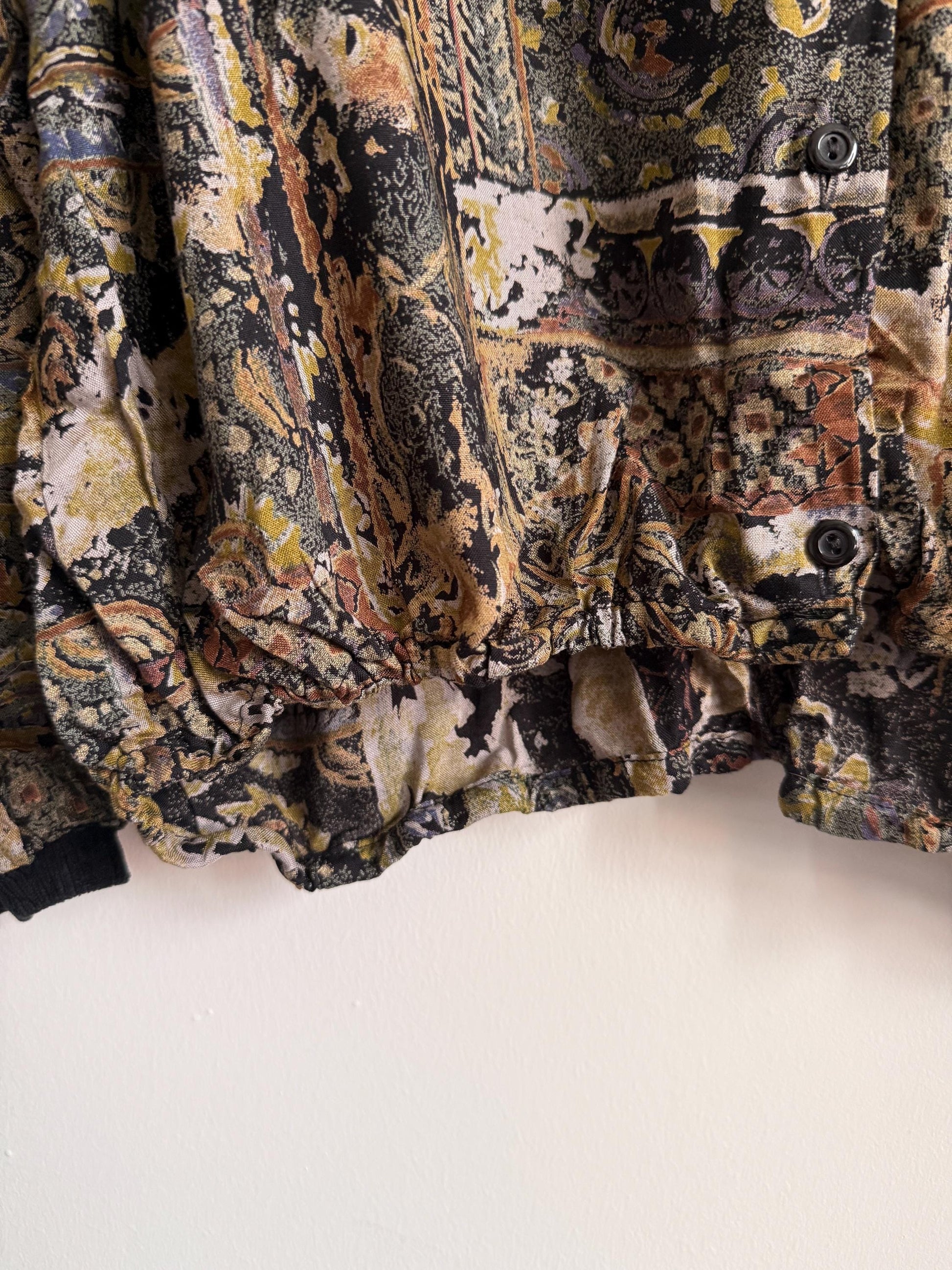 Vintage 90s Tapestry Print Blouson Jacket | Paisley Bomber Blouse | Abstract Baroque Shirt