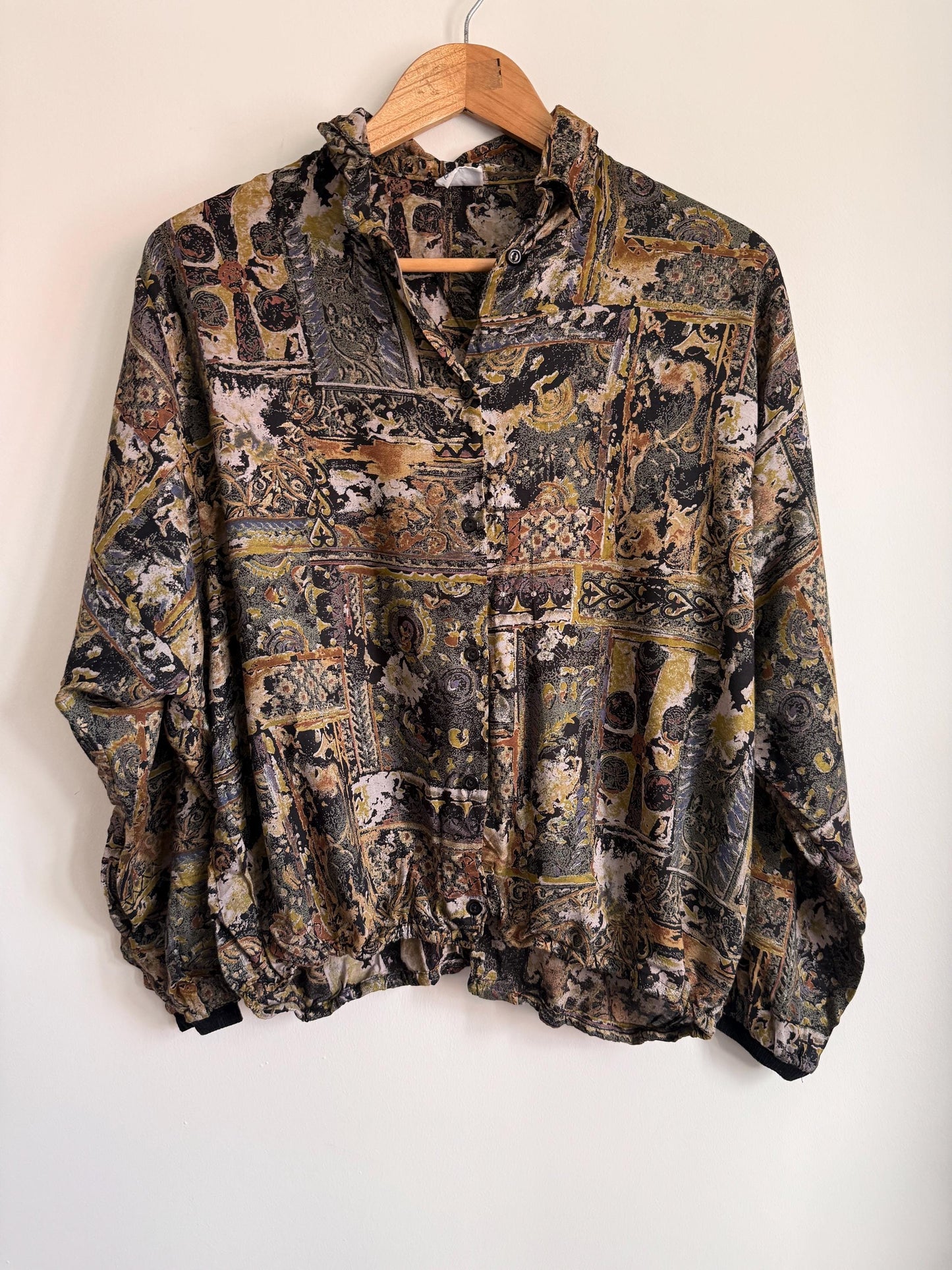Vintage 90s Tapestry Print Blouson Jacket | Paisley Bomber Blouse | Abstract Baroque Shirt