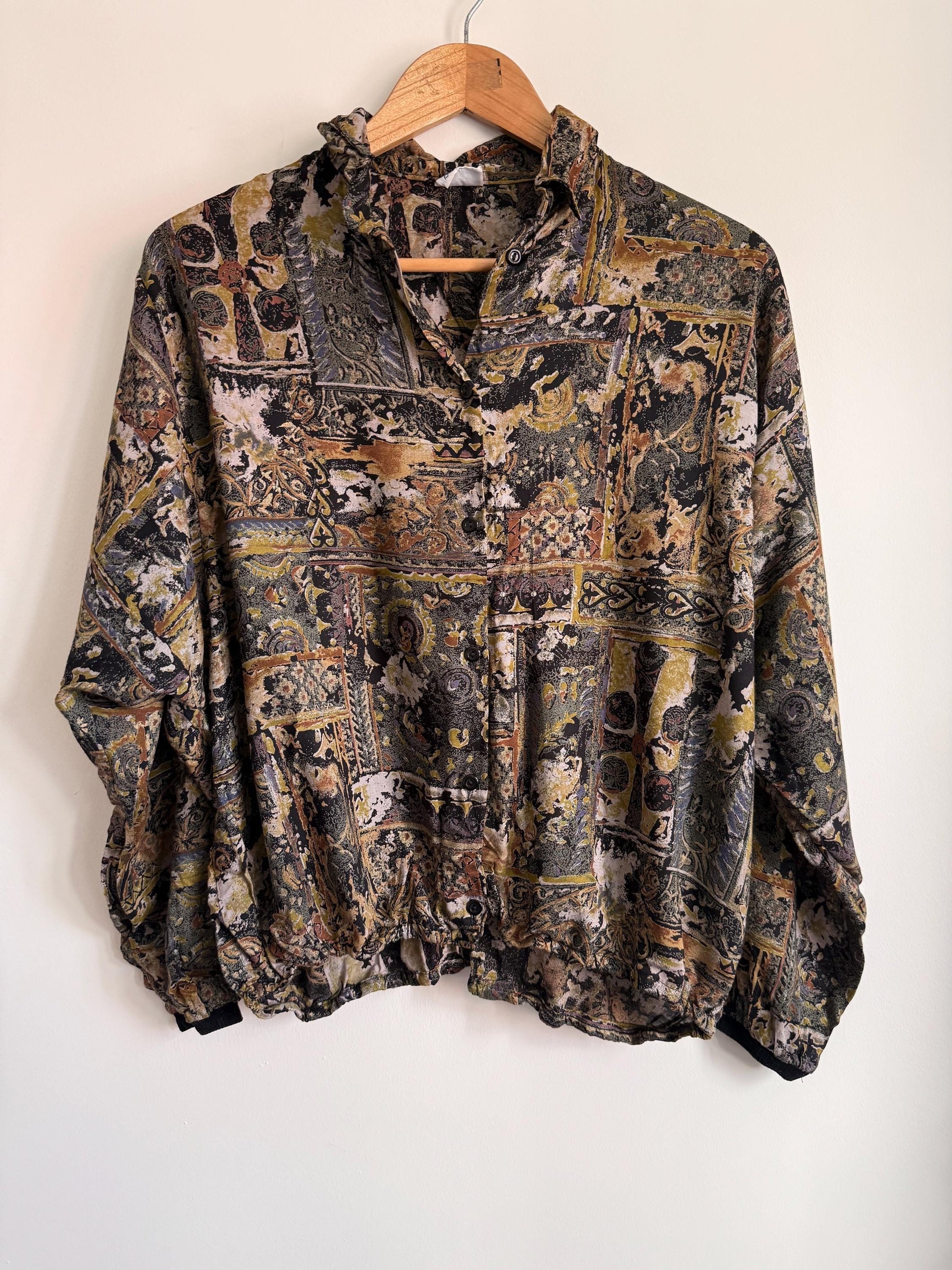 Vintage 90s Tapestry Print Blouson Jacket | Paisley Bomber Blouse | Abstract Baroque Shirt