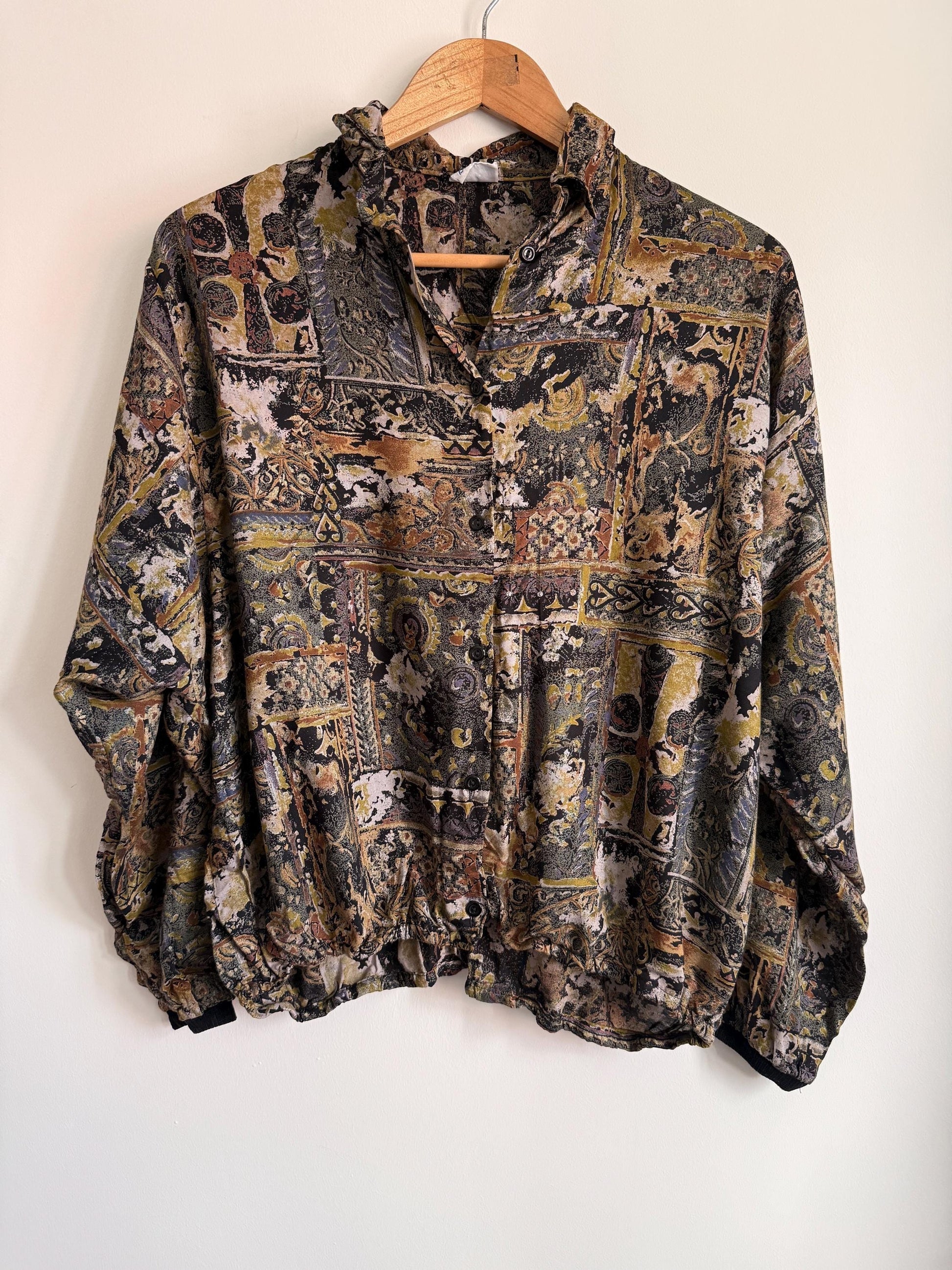 Vintage 90s Tapestry Print Blouson Jacket | Paisley Bomber Blouse | Abstract Baroque Shirt