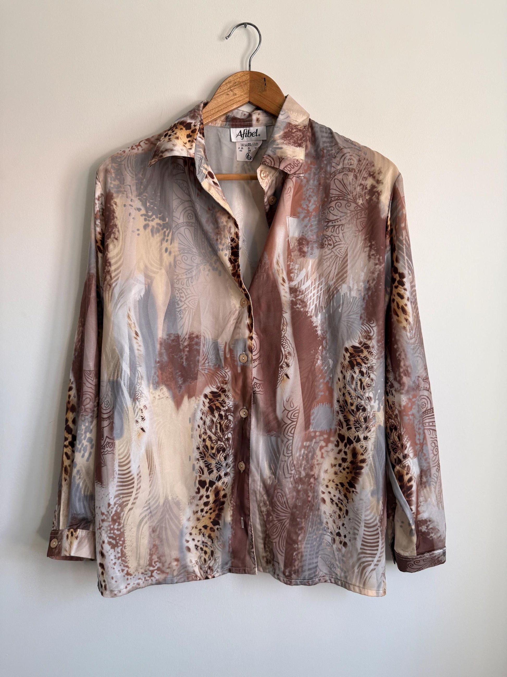 Vintage Afibel Satin Blouse | Abstract Print Silky Shirt | Neutral 90s Top
