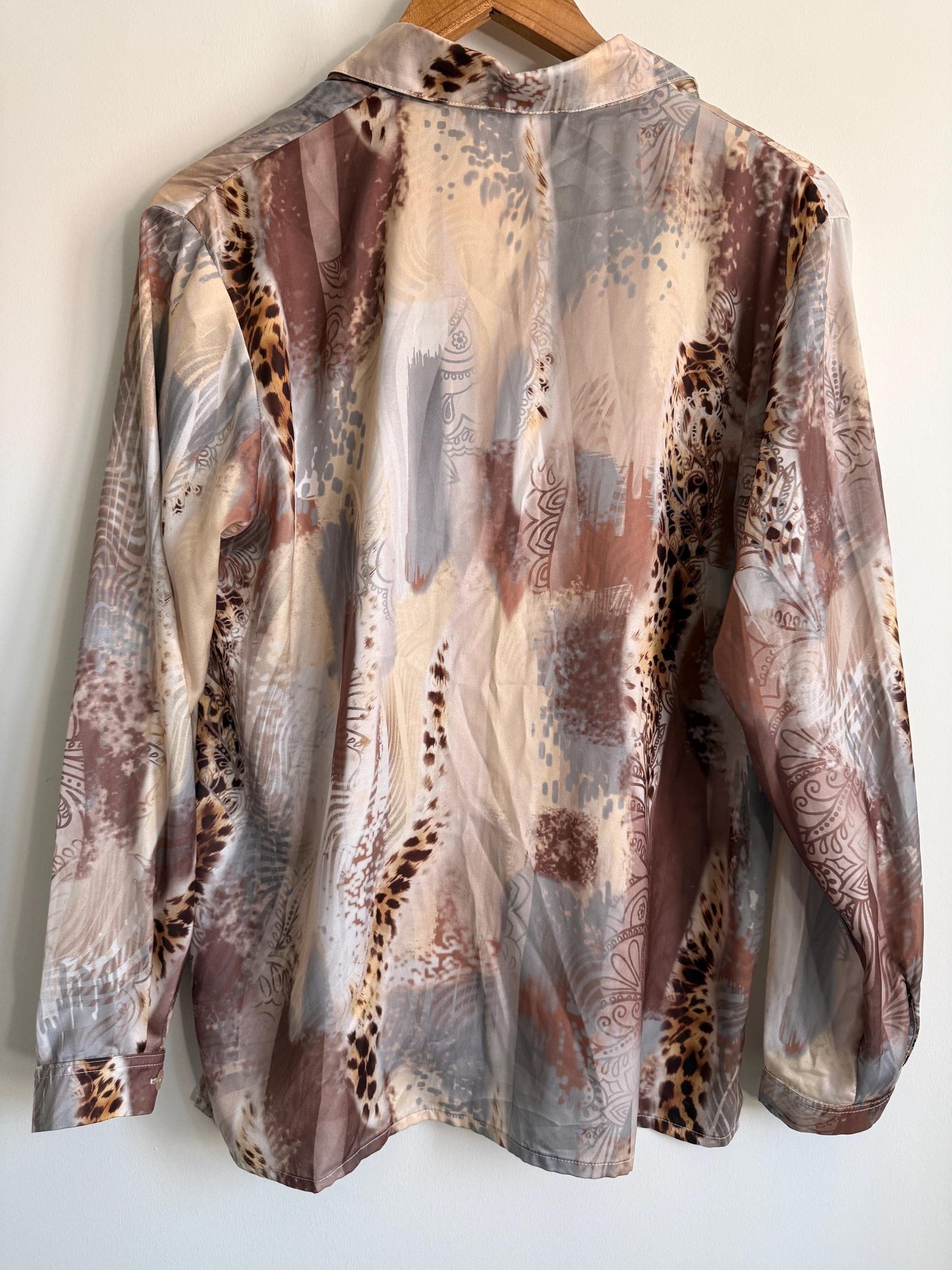 Vintage Afibel Satin Blouse | Abstract Print Silky Shirt | Neutral 90s Top