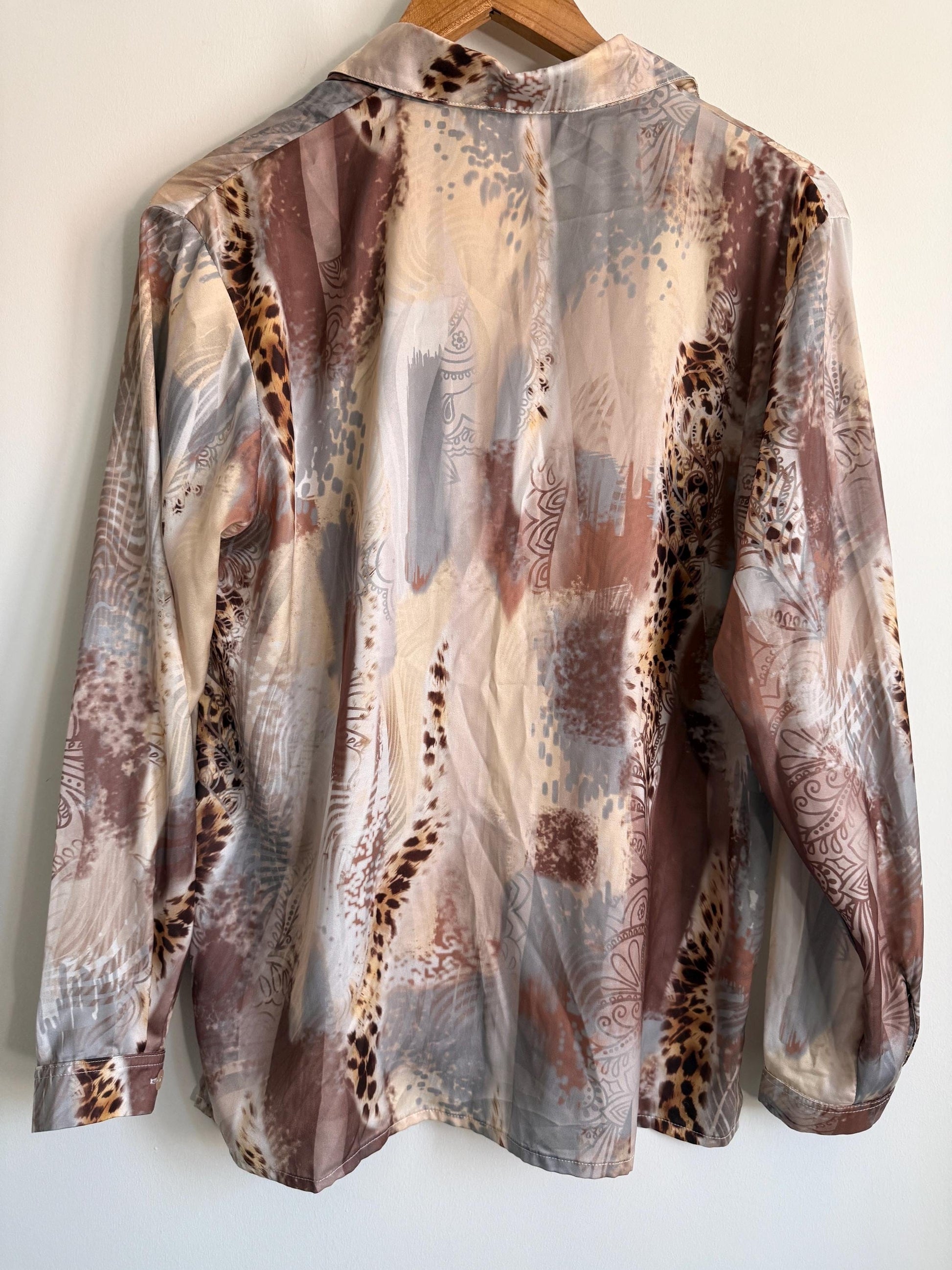 Vintage Afibel Satin Blouse | Abstract Print Silky Shirt | Neutral 90s Top