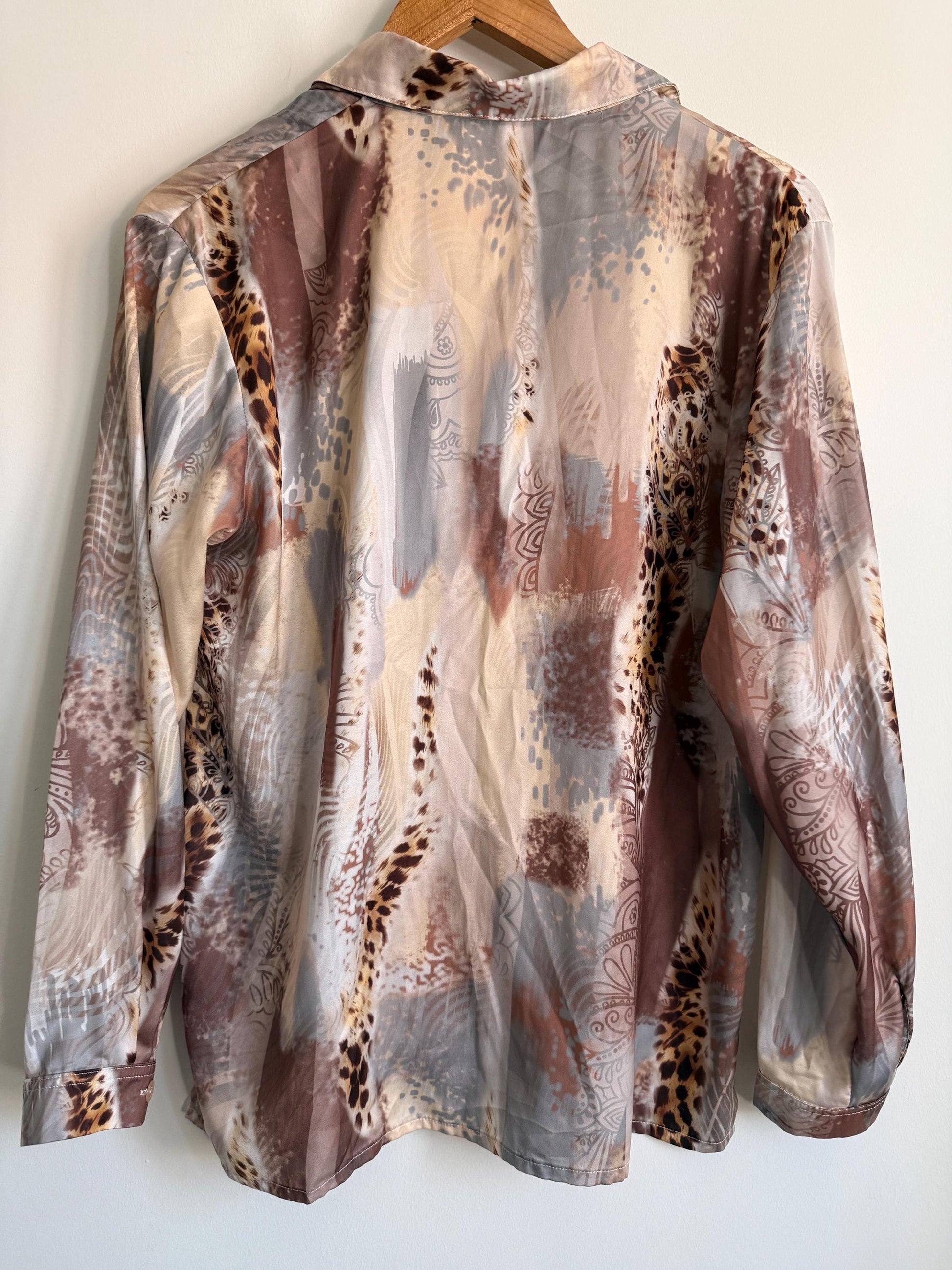 Vintage Afibel Satin Blouse | Abstract Print Silky Shirt | Neutral 90s Top