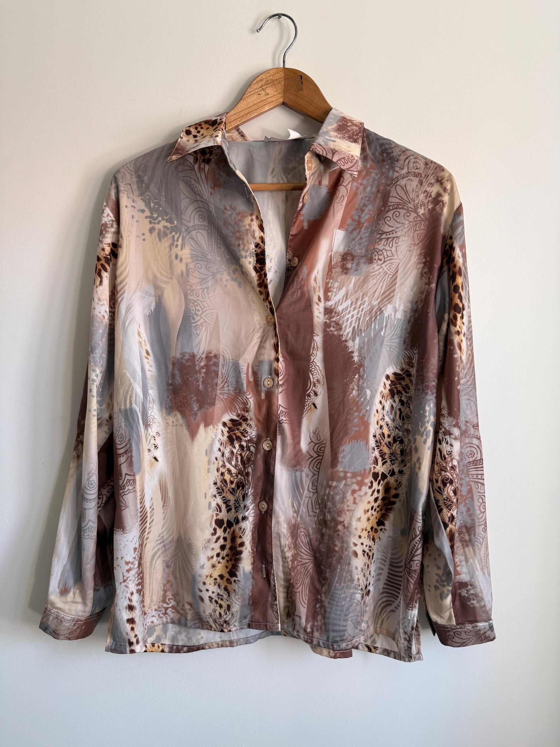Vintage Afibel Satin Blouse | Abstract Print Silky Shirt | Neutral 90s Top