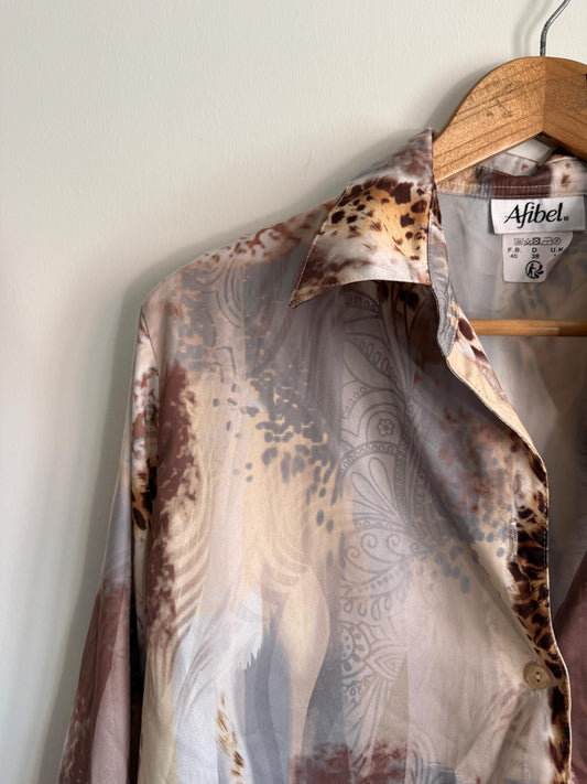 Vintage Afibel Satin Blouse | Abstract Print Silky Shirt | Neutral 90s Top