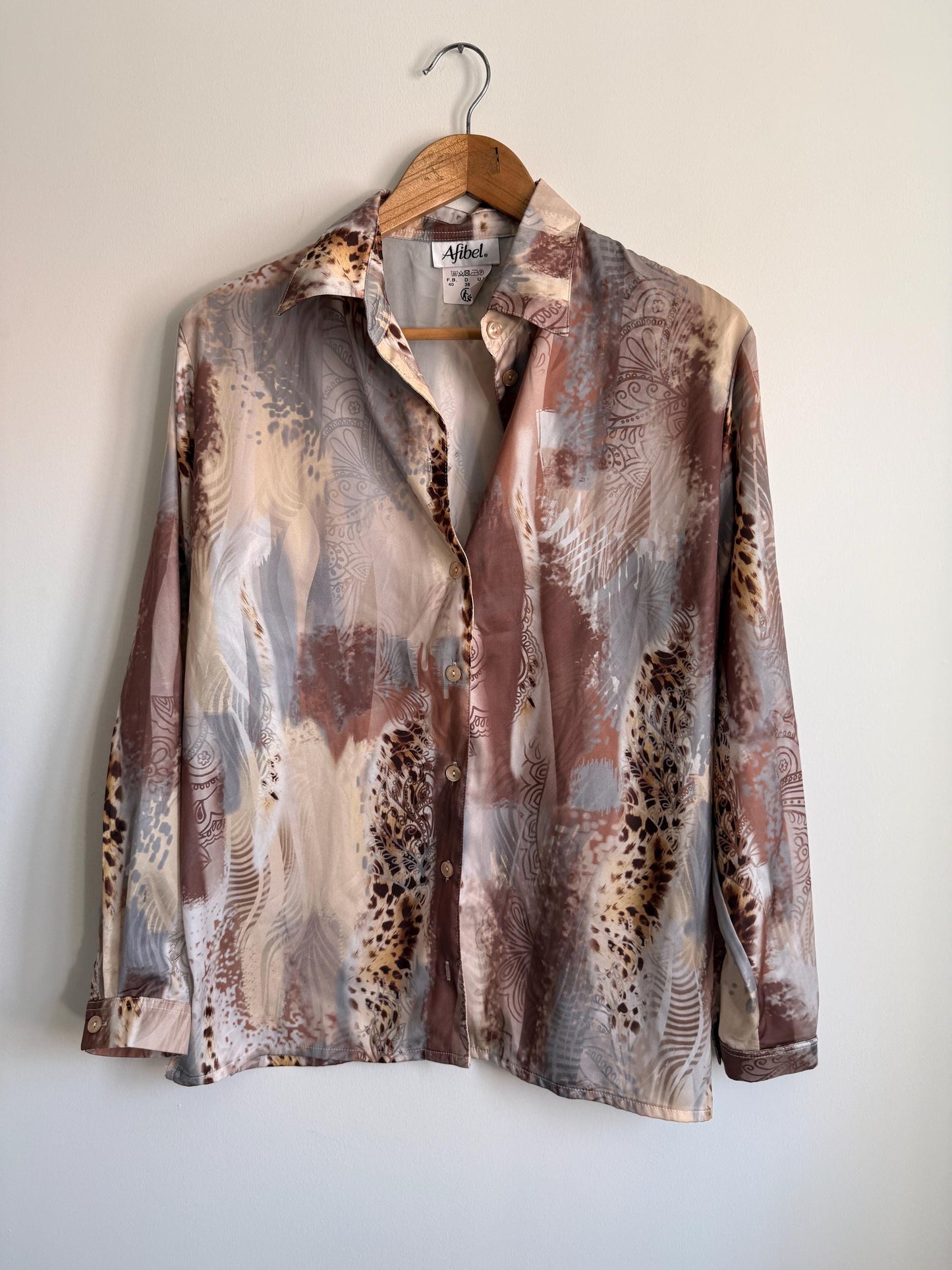 Vintage Afibel Satin Blouse | Abstract Print Silky Shirt | Neutral 90s Top