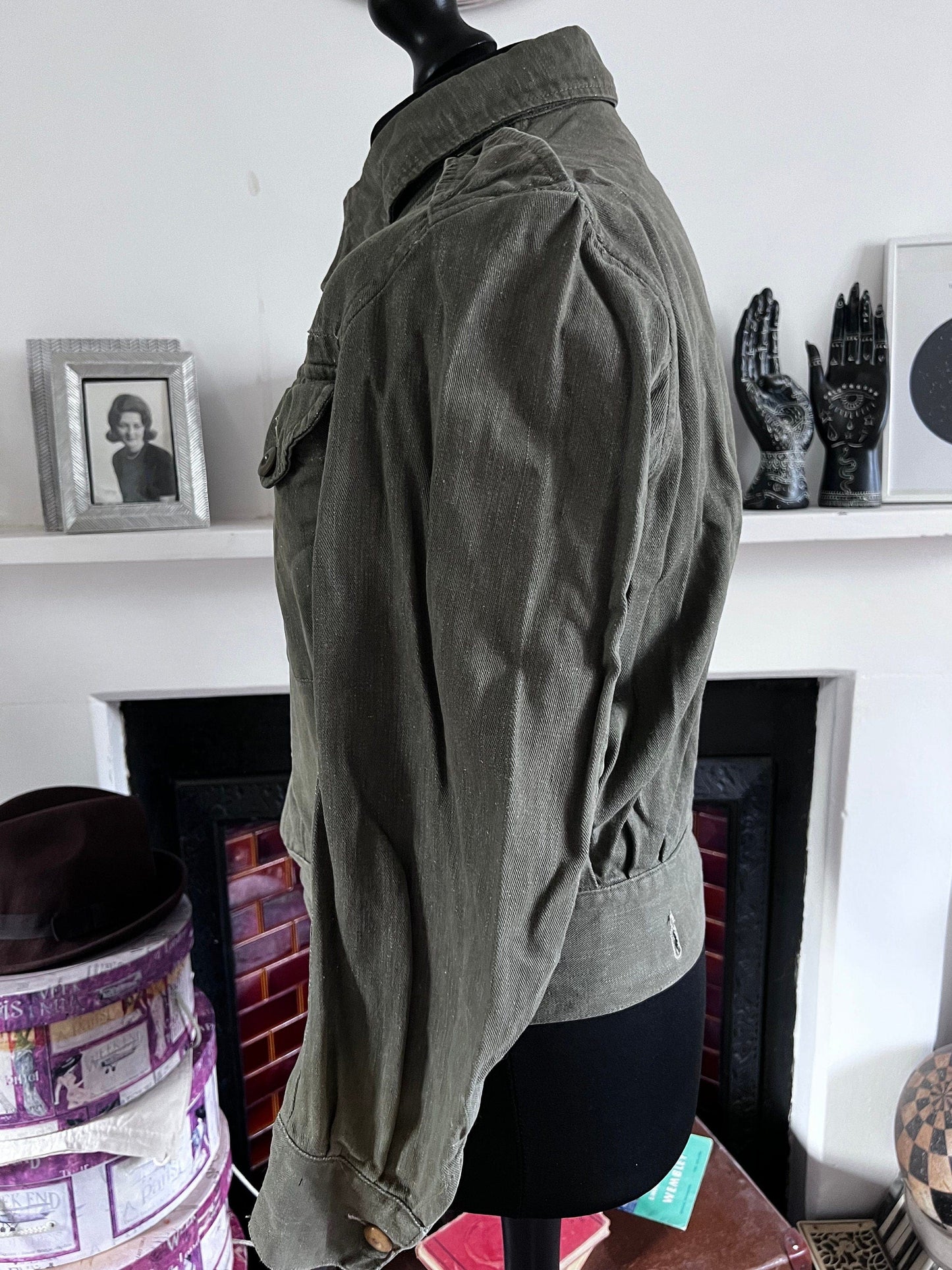 Vintage 1952 British Army Royal Marines Military Overalls Denim Blouse Olive Green Jacket S/M