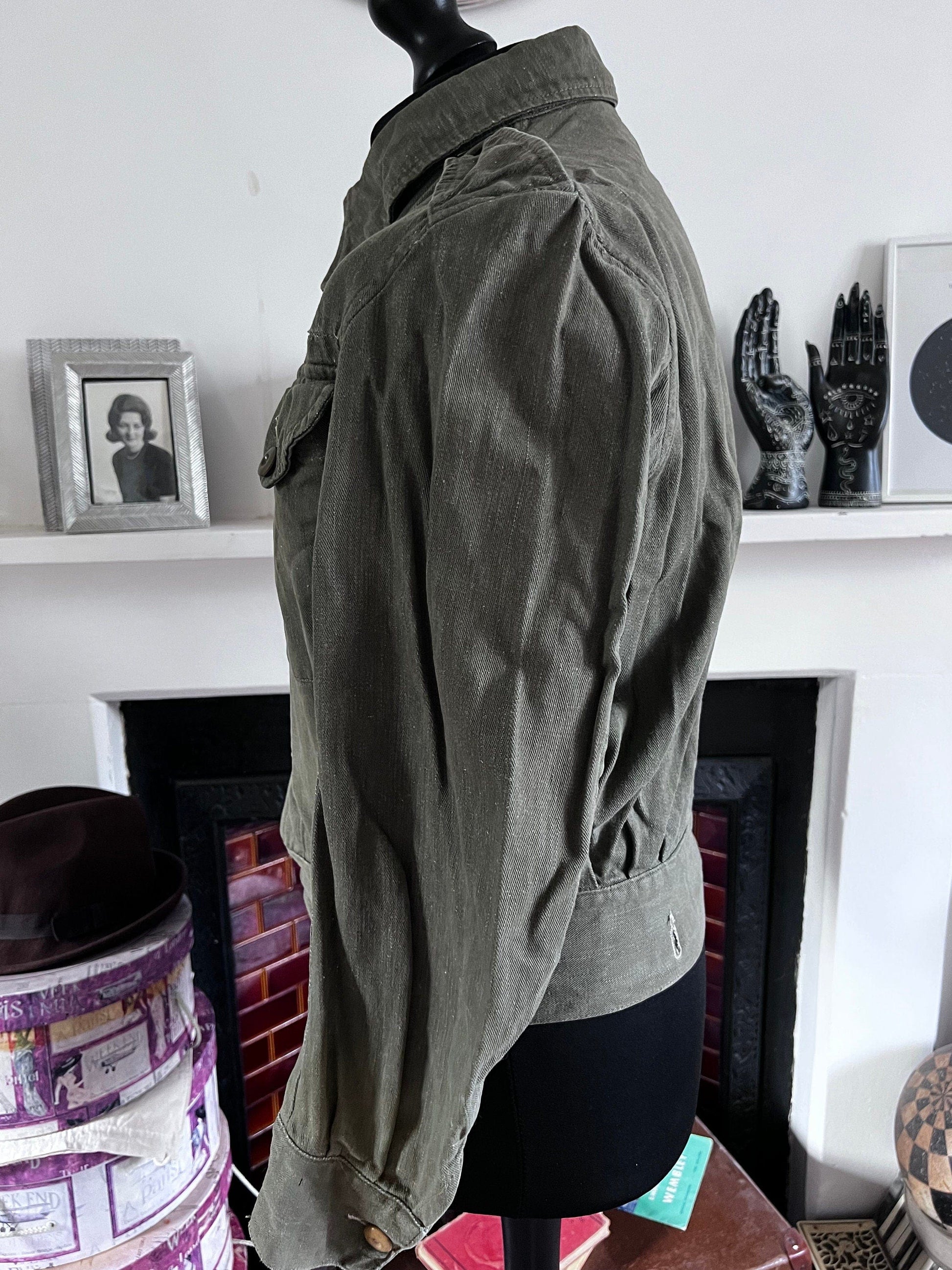Vintage 1952 British Army Royal Marines Military Overalls Denim Blouse Olive Green Jacket S/M